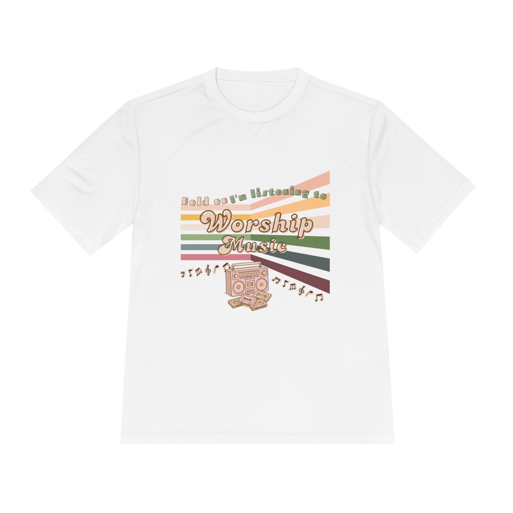 Women's Worship Music Moisture Wicking Tee — Retro Stripes & Speaker Graphic