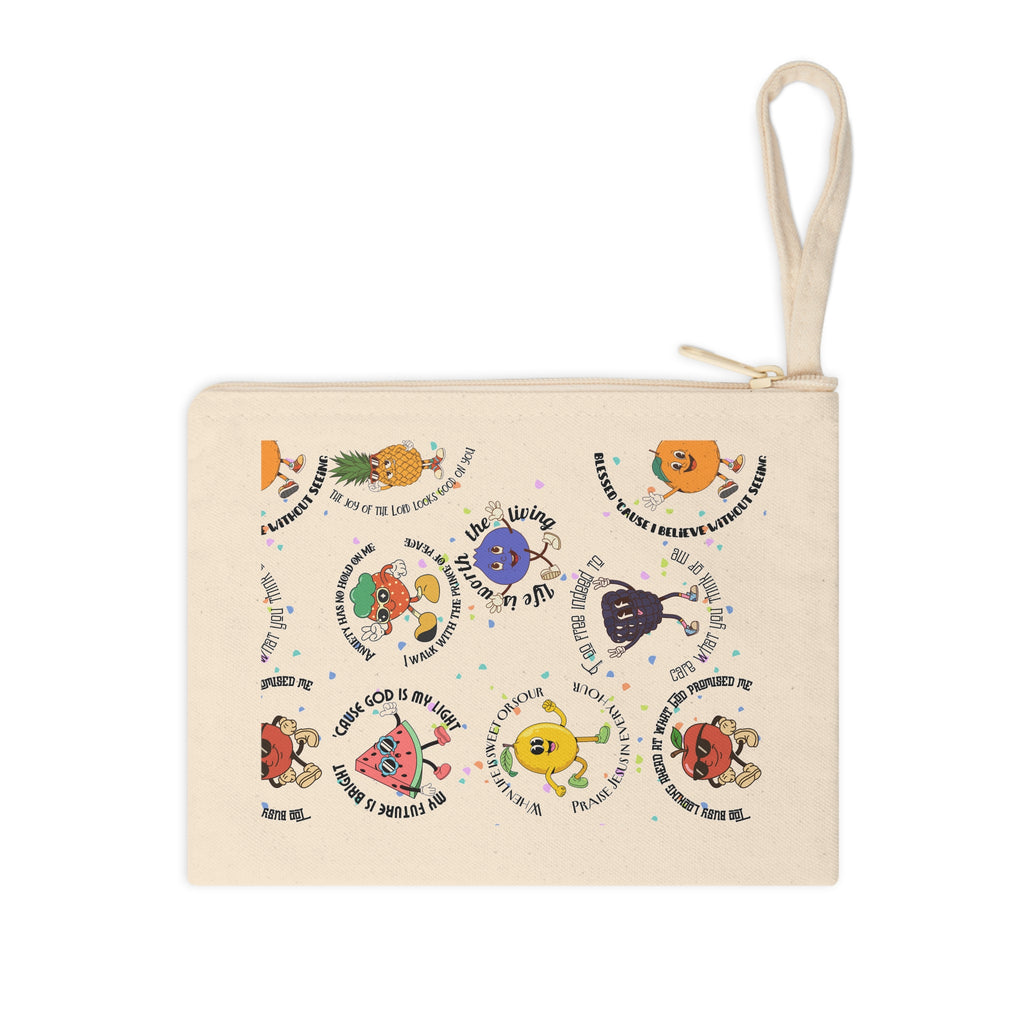 Fruit Friends Zipper Pouch — Cute Illustrated Fruit Characters with Positive Sayings