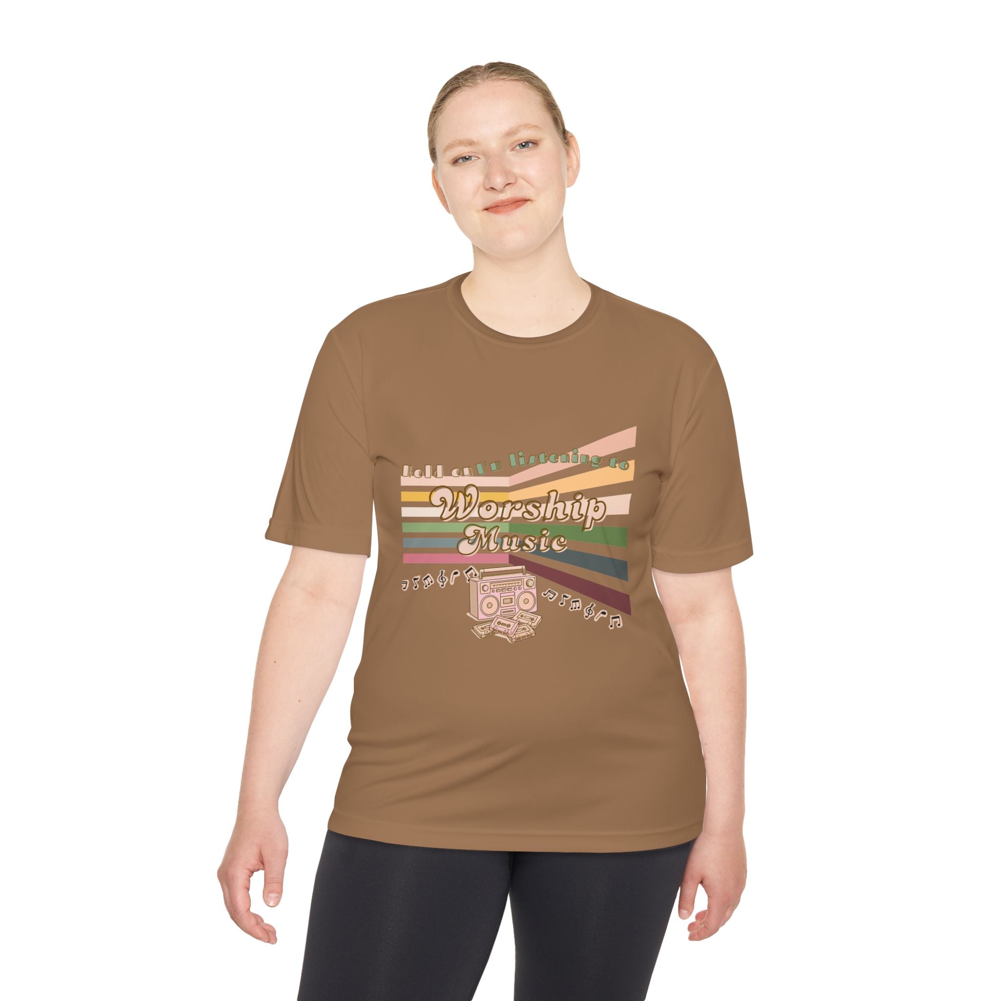 Women's Worship Music Moisture Wicking Tee — Retro Stripes & Speaker Graphic