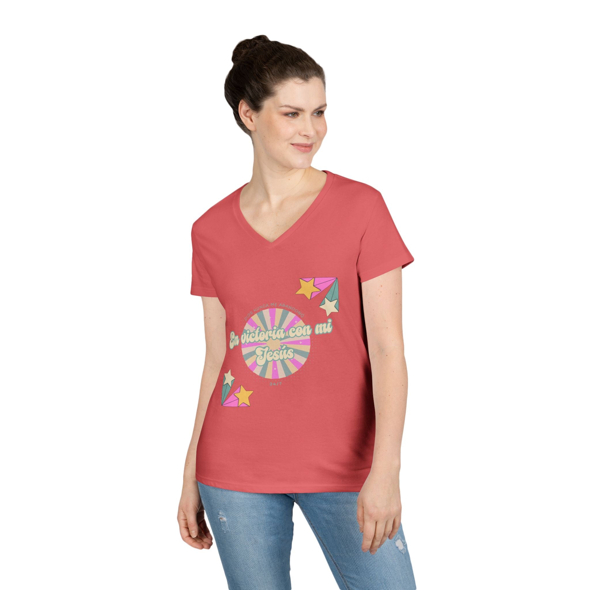 Camisa cuello V-Neck — "En victoria con mi Jesús" Para Mujeres