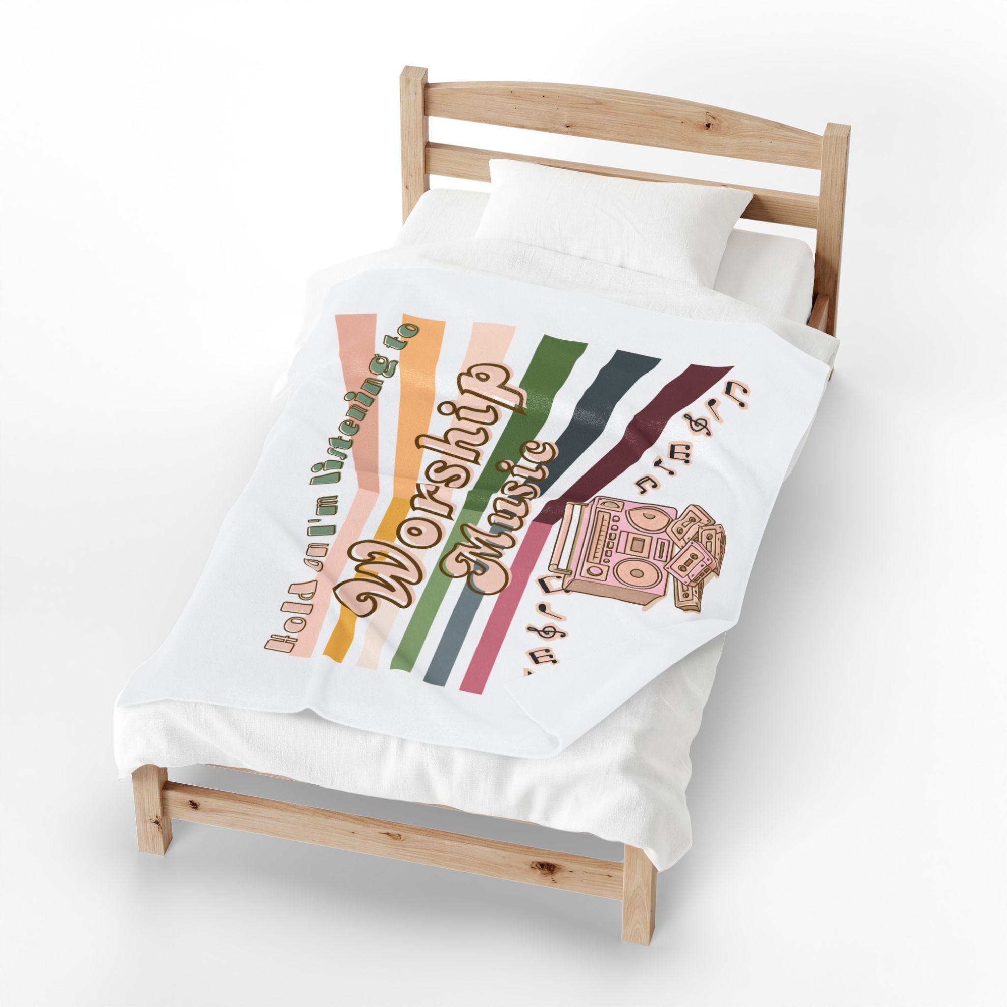 'Hold on, I'm listening to worship Music' Velveteen Plush Blanket – Retro Boombox & Rainbow Stripes