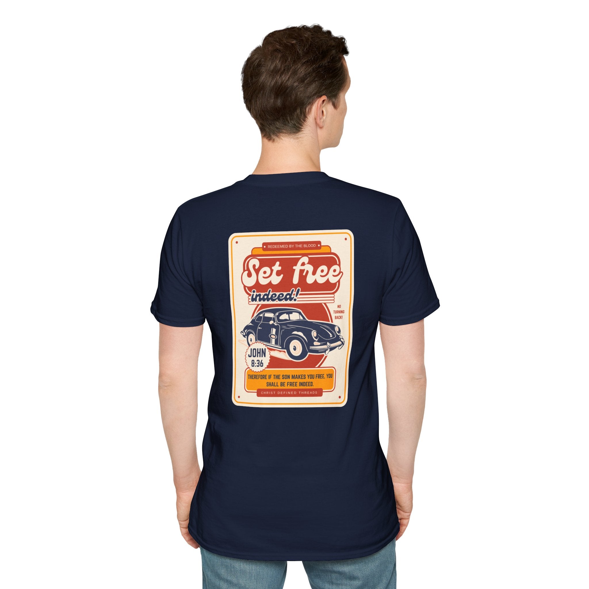 Men's 'Set free Indeed' T‑Shirt — Retro Vintage Car Christian Faith Graphic Tee