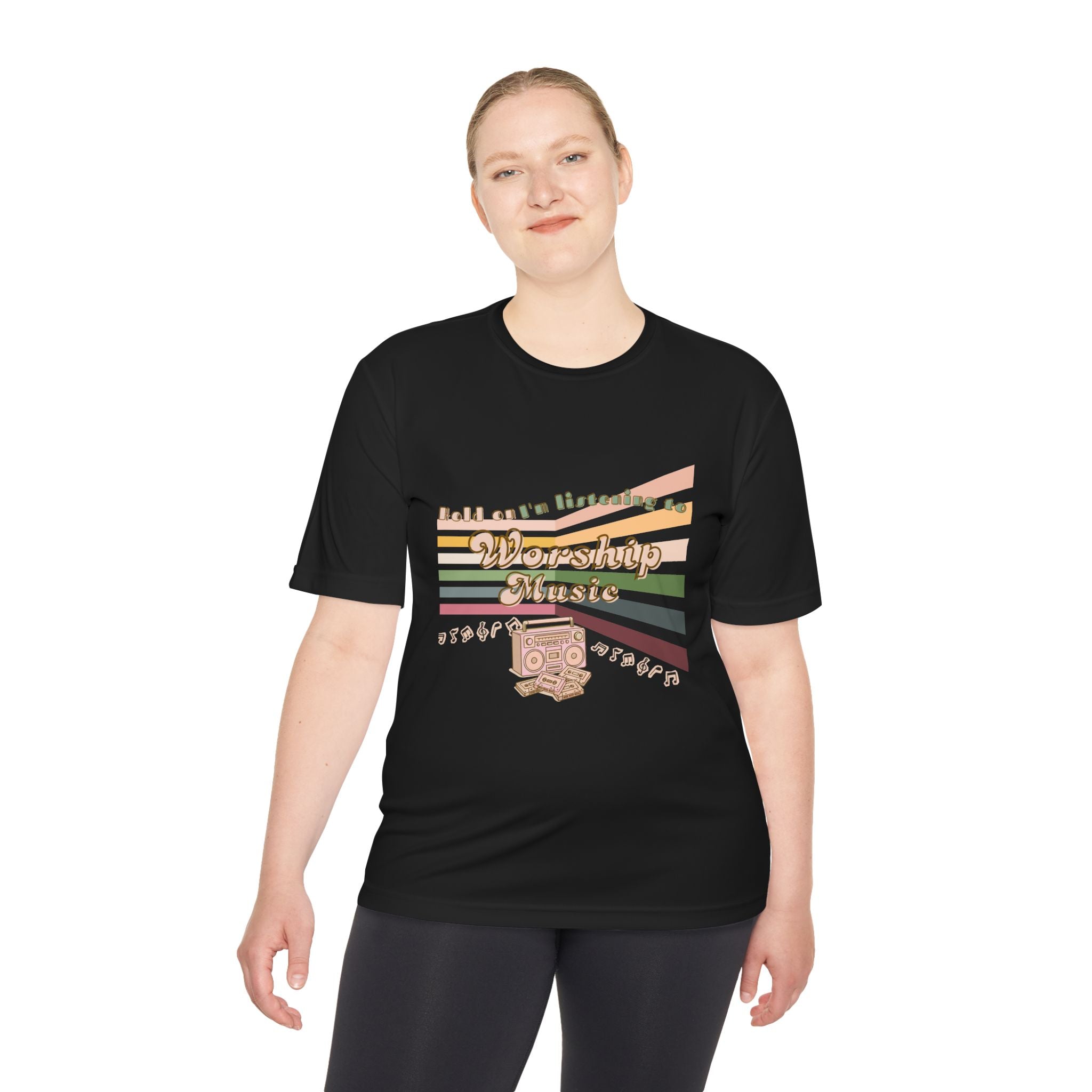 Women's Worship Music Moisture Wicking Tee — Retro Stripes & Speaker Graphic