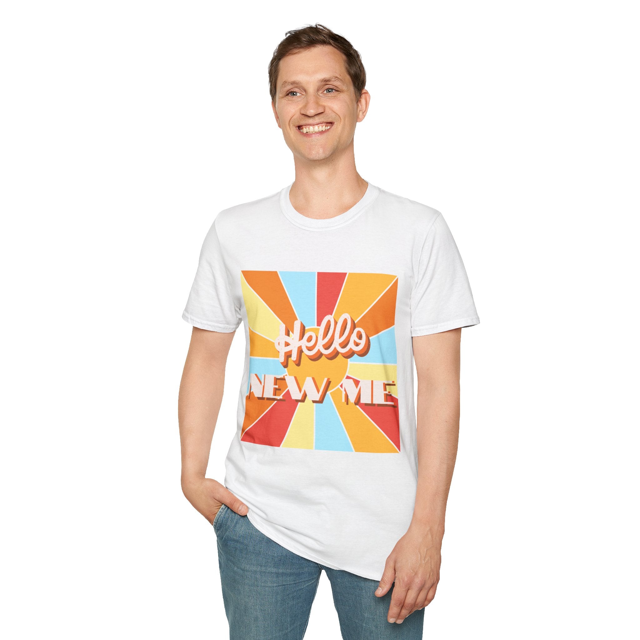 Men's Hello New Me Retro Tee — BACK: 2 Corinthians 5:17