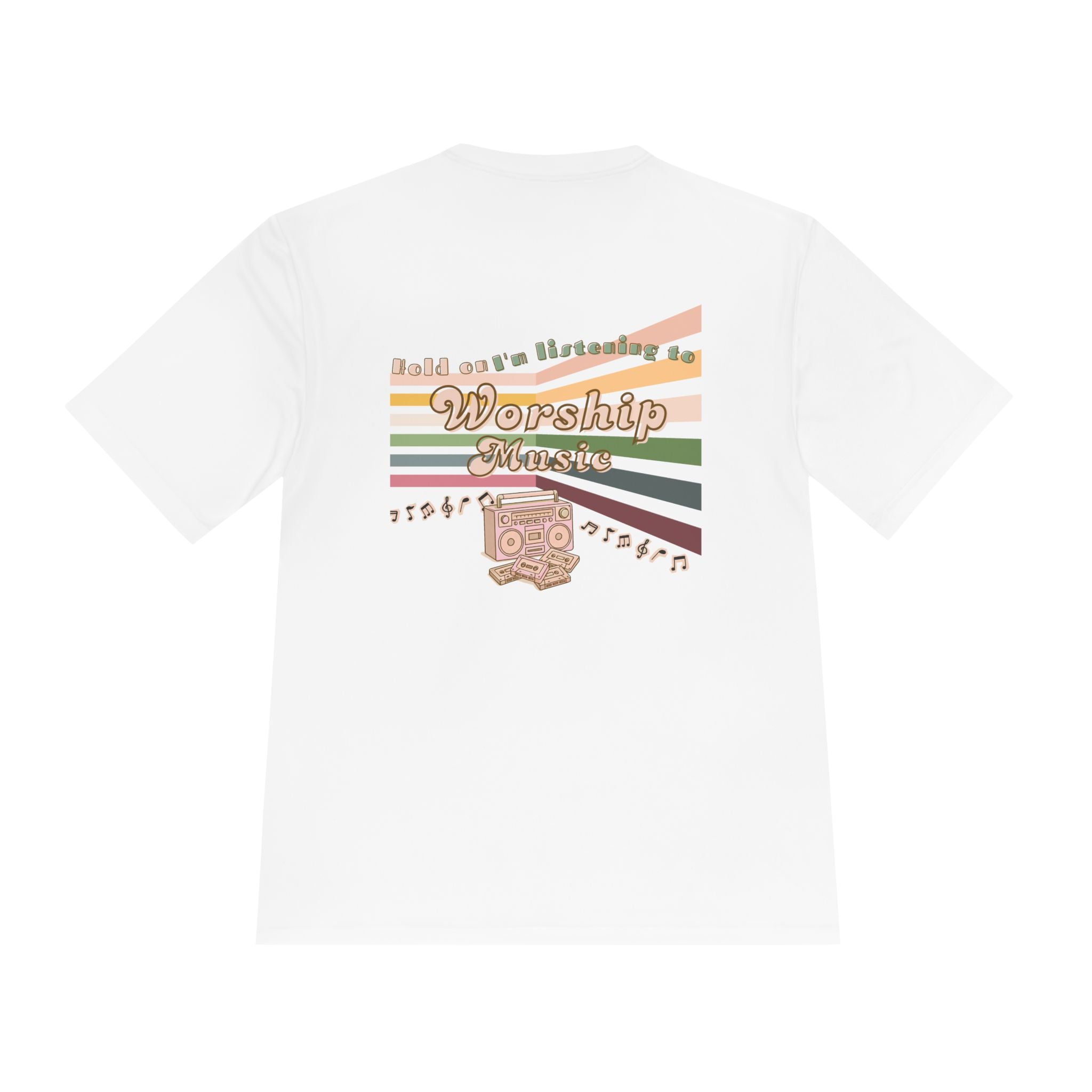 Women's Worship Music Moisture Wicking Tee — Retro Stripes & Speaker Graphic