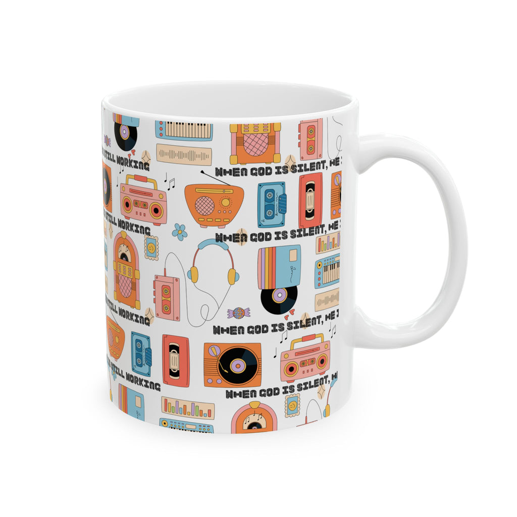 Retro Music Pattern Ceramic Mug — "When God Is Silent, He Is Still Working"