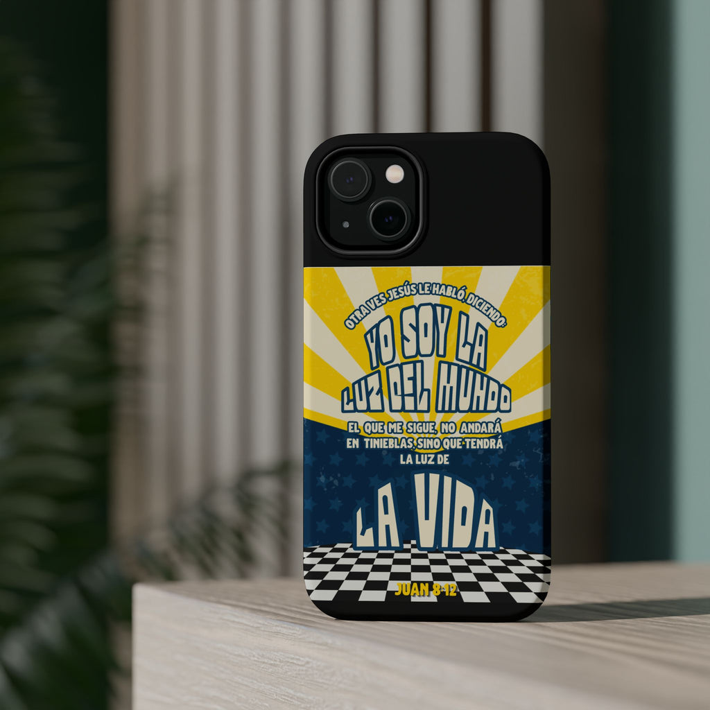 "Yo soy la luz del mundo" protección para telefono (Juan 8:12)— Para hombres- Magnético y resistente al impacto
