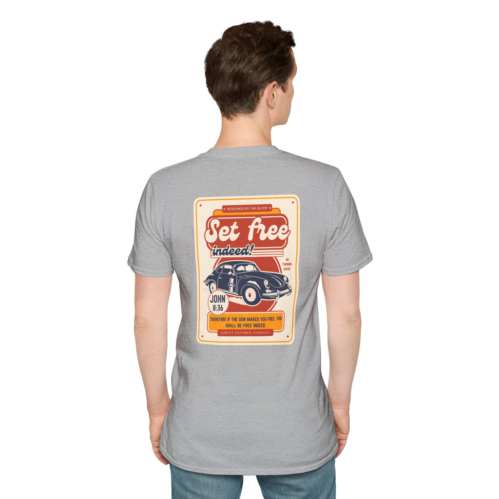 Men's 'Set free Indeed' T‑Shirt — Retro Vintage Car Christian Faith Graphic Tee