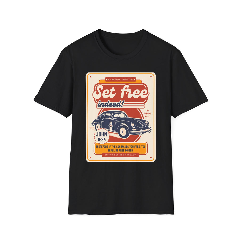 Men's 'Set free Indeed' T‑Shirt — Retro Vintage Car Christian Faith Graphic Tee