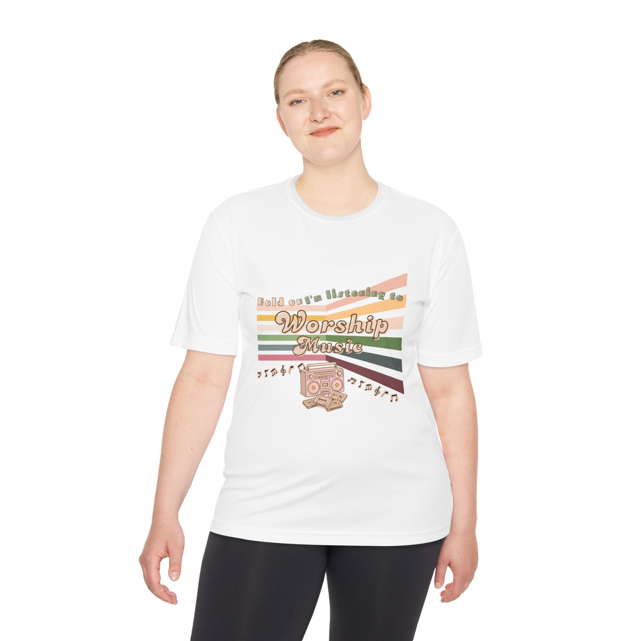 Women's Worship Music Moisture Wicking Tee — Retro Stripes & Speaker Graphic