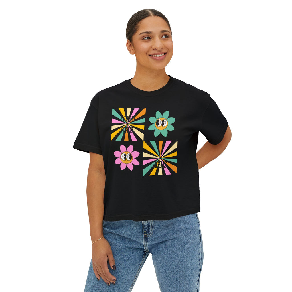 Retro "I found peace in Jesus" Boxy Tee — Woman's  Retro SqaureFlower Design