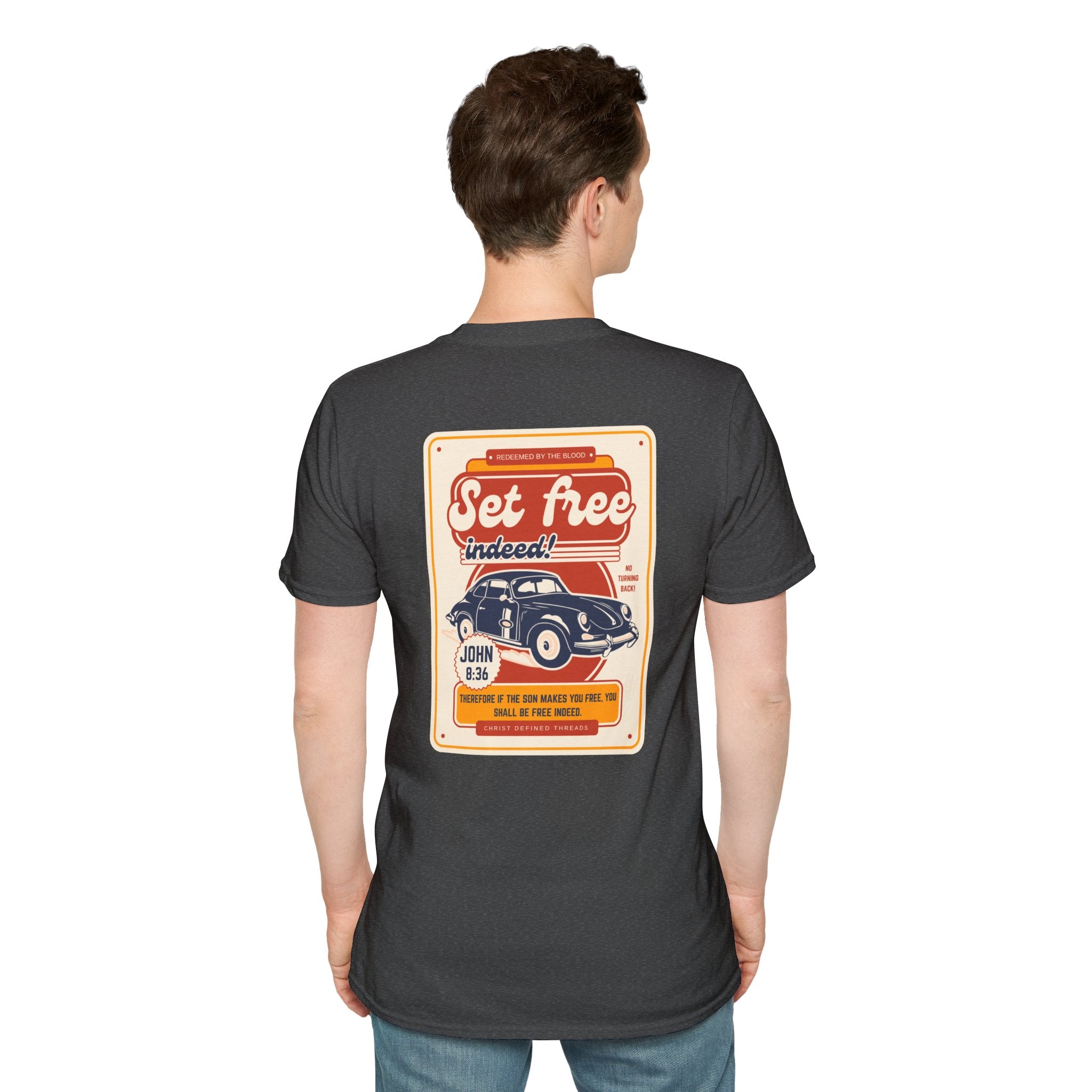 Men's 'Set free Indeed' T‑Shirt — Retro Vintage Car Christian Faith Graphic Tee