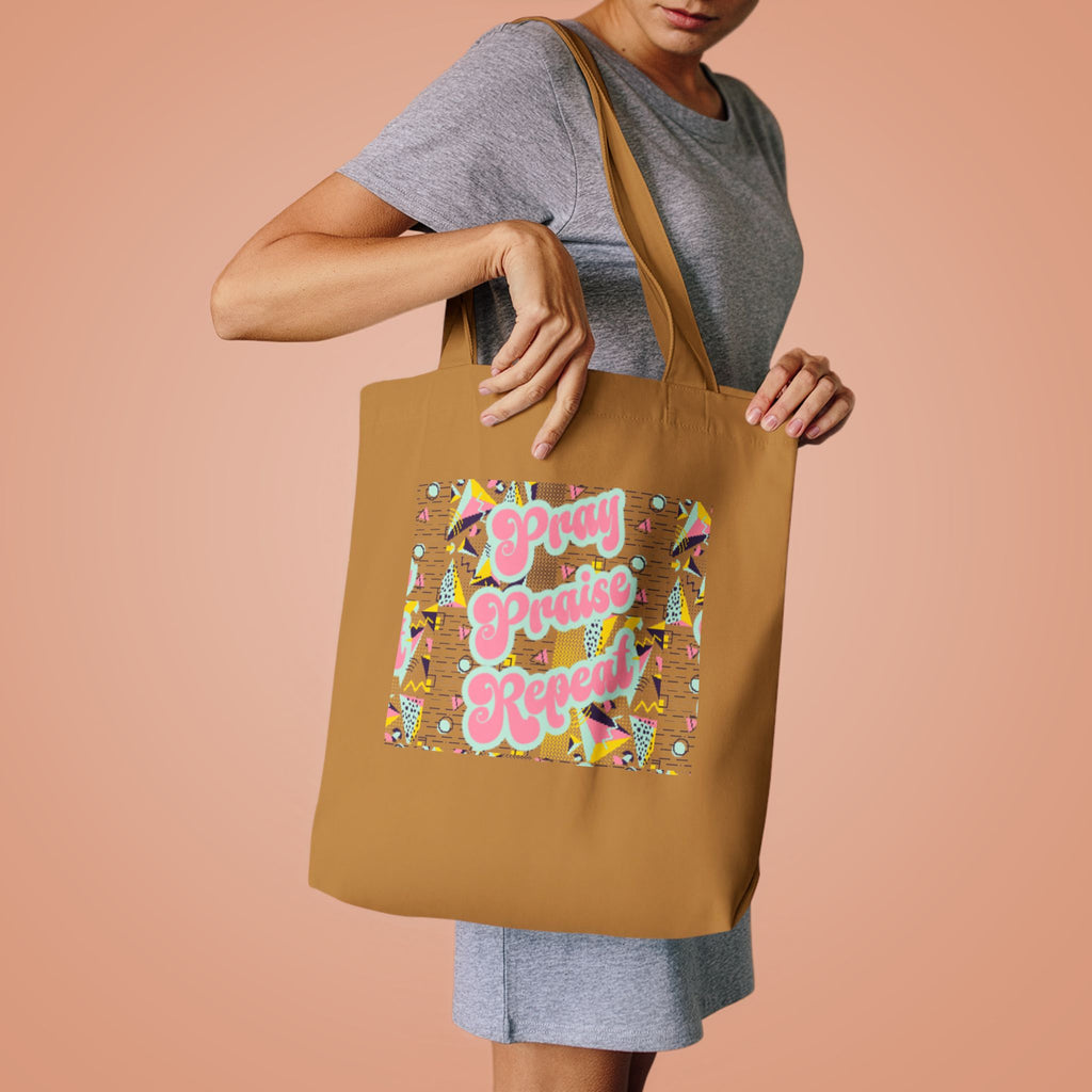 Cotton Tote — "Pray, Praise, Repeat" Colorful Faith Graphic Tote Bag