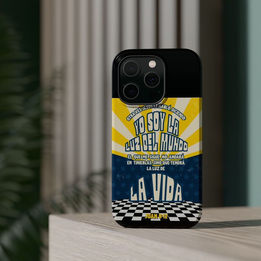 "Yo soy la luz del mundo" protección para telefono (Juan 8:12)— Para hombres- Magnético y resistente al impacto