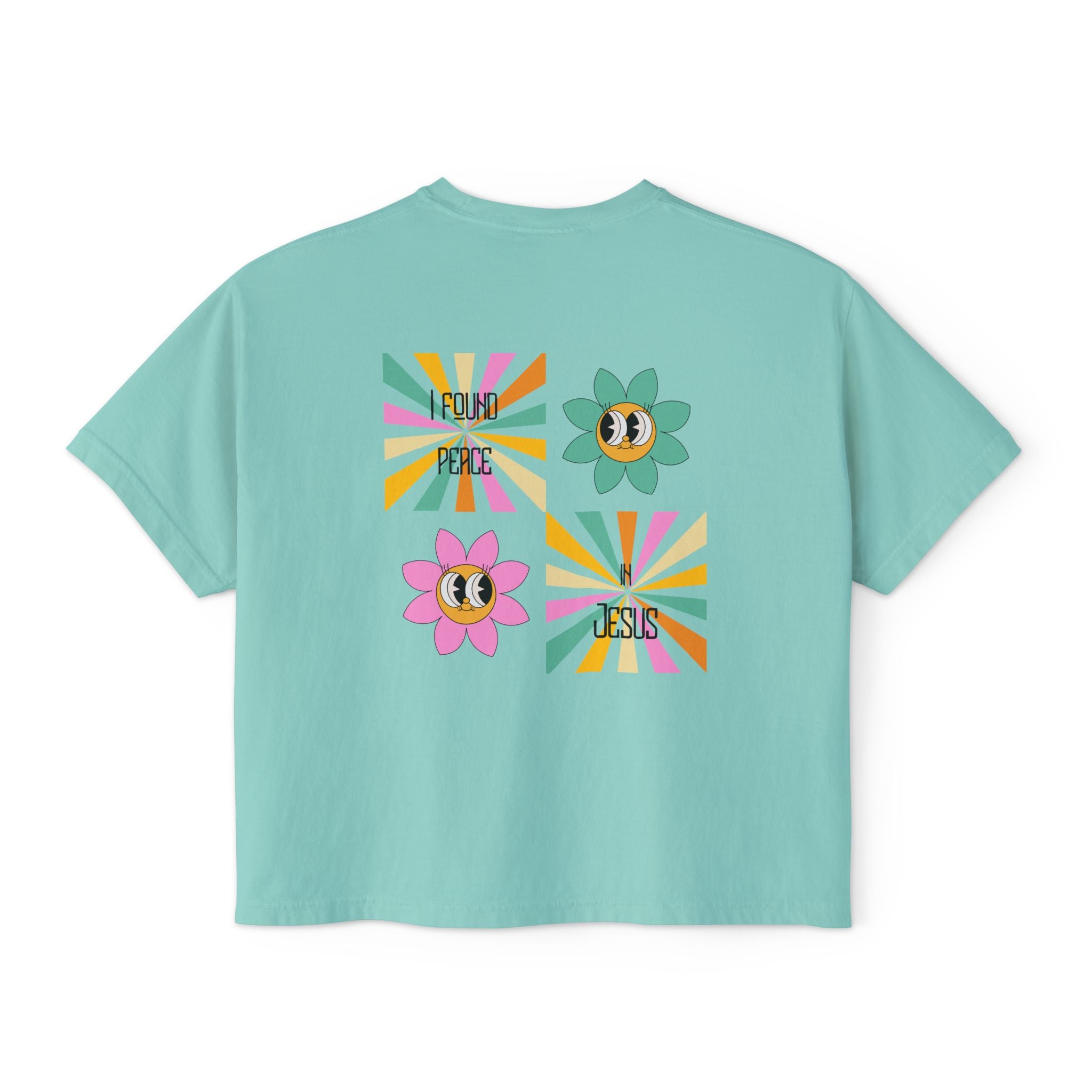 Retro "I found peace in Jesus" Boxy Tee — Woman's  Retro SqaureFlower Design