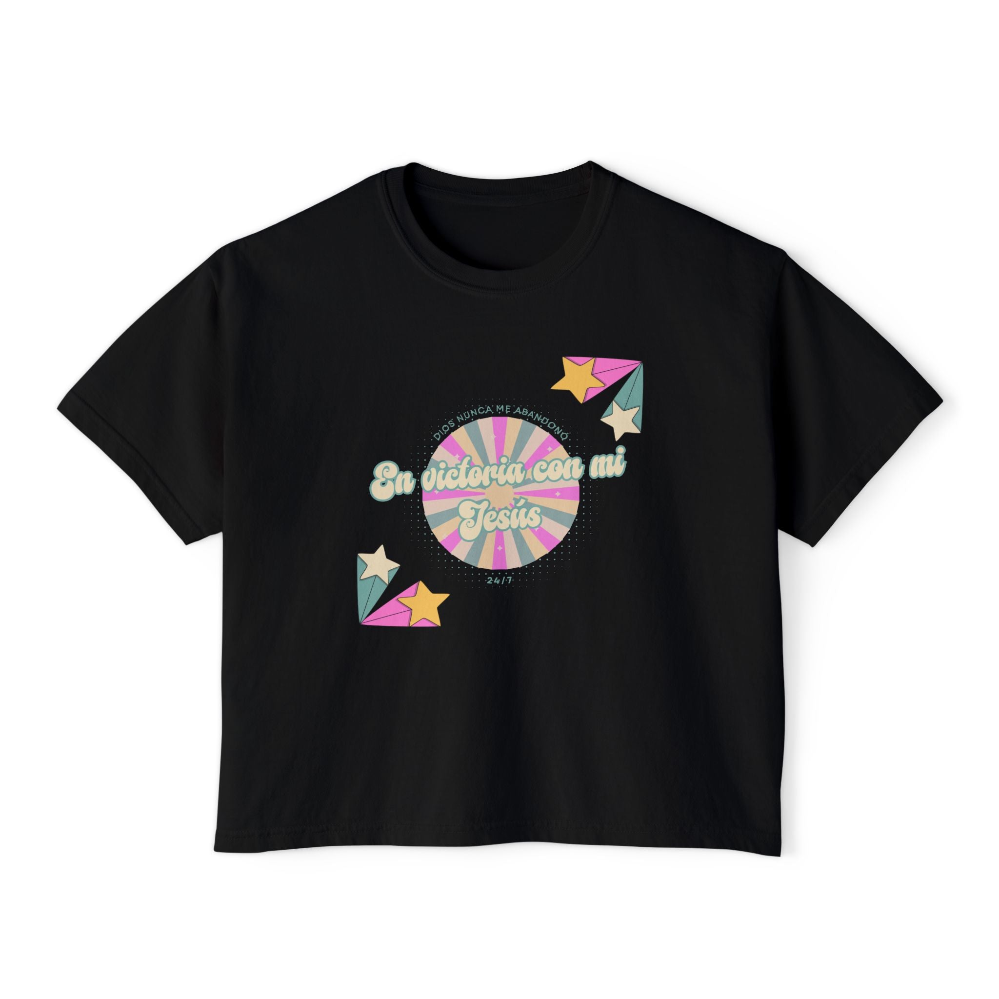 Mujeres Boxy Camisa— 'En Victoria con mi Jesús' Pastel Retro Faith Graphic