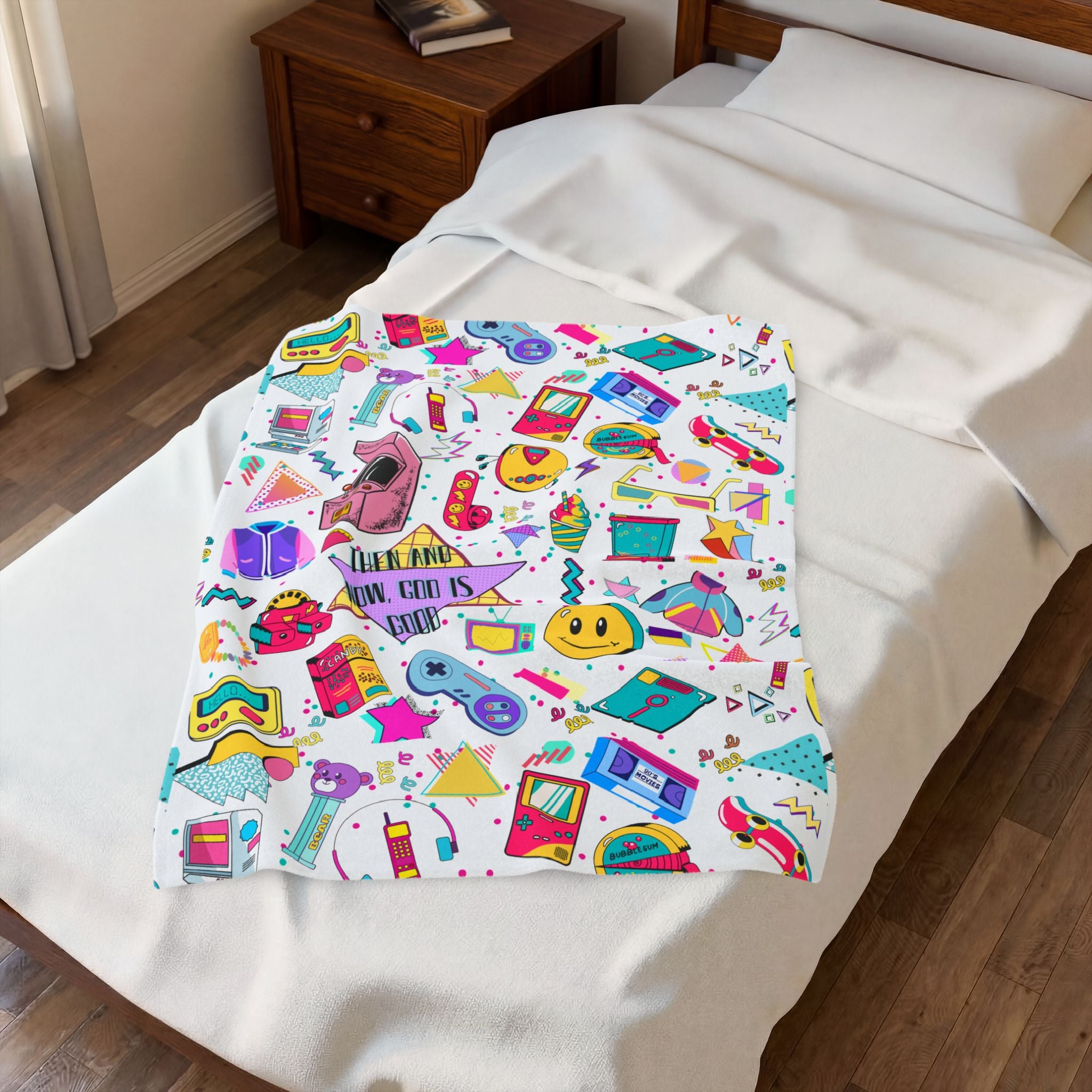 Retro 90s Nostalgia Velveteen Plush Blanket — 'Then and now, God is good' Throw