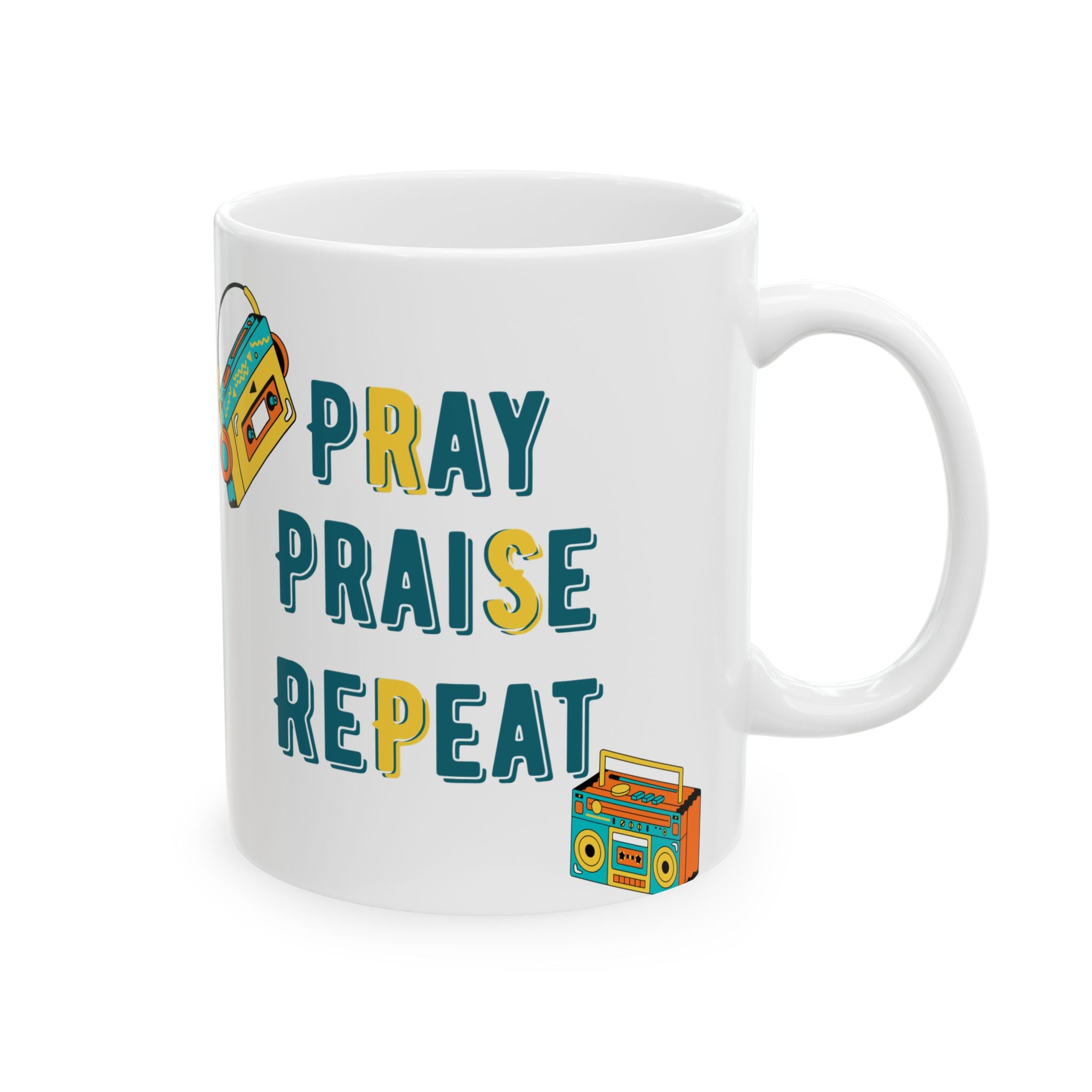 Retro Boombox Ceramic Mug – 'Pray Praise Repeat' Coffee Cup (11oz/15oz)