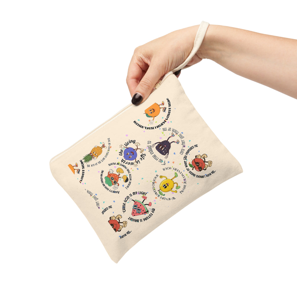 Fruit Friends Zipper Pouch — Cute Illustrated Fruit Characters with Positive Sayings