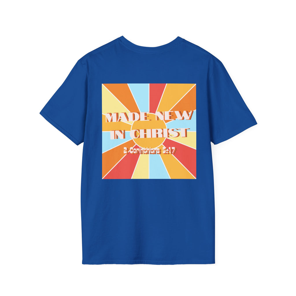 Men's Hello New Me Retro Tee — BACK: 2 Corinthians 5:17