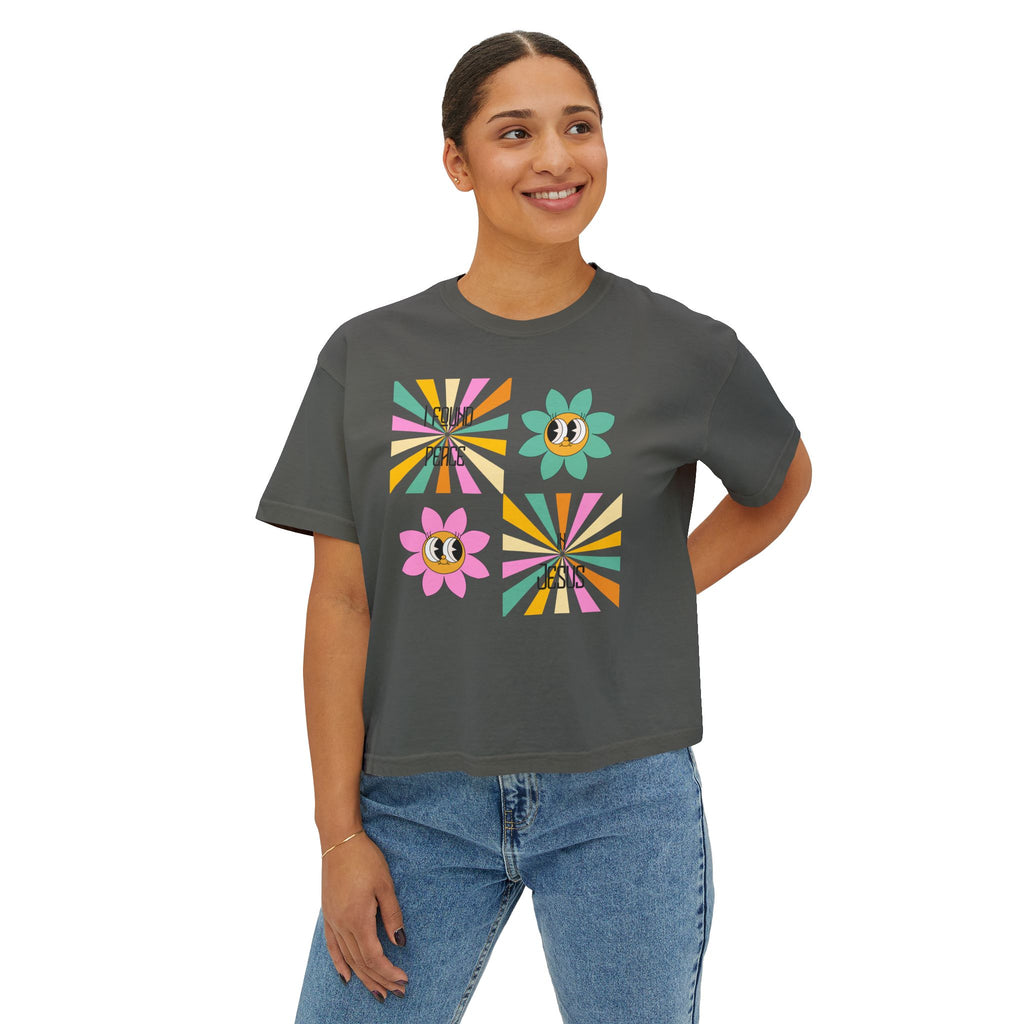 Retro "I found peace in Jesus" Boxy Tee — Woman's  Retro SqaureFlower Design