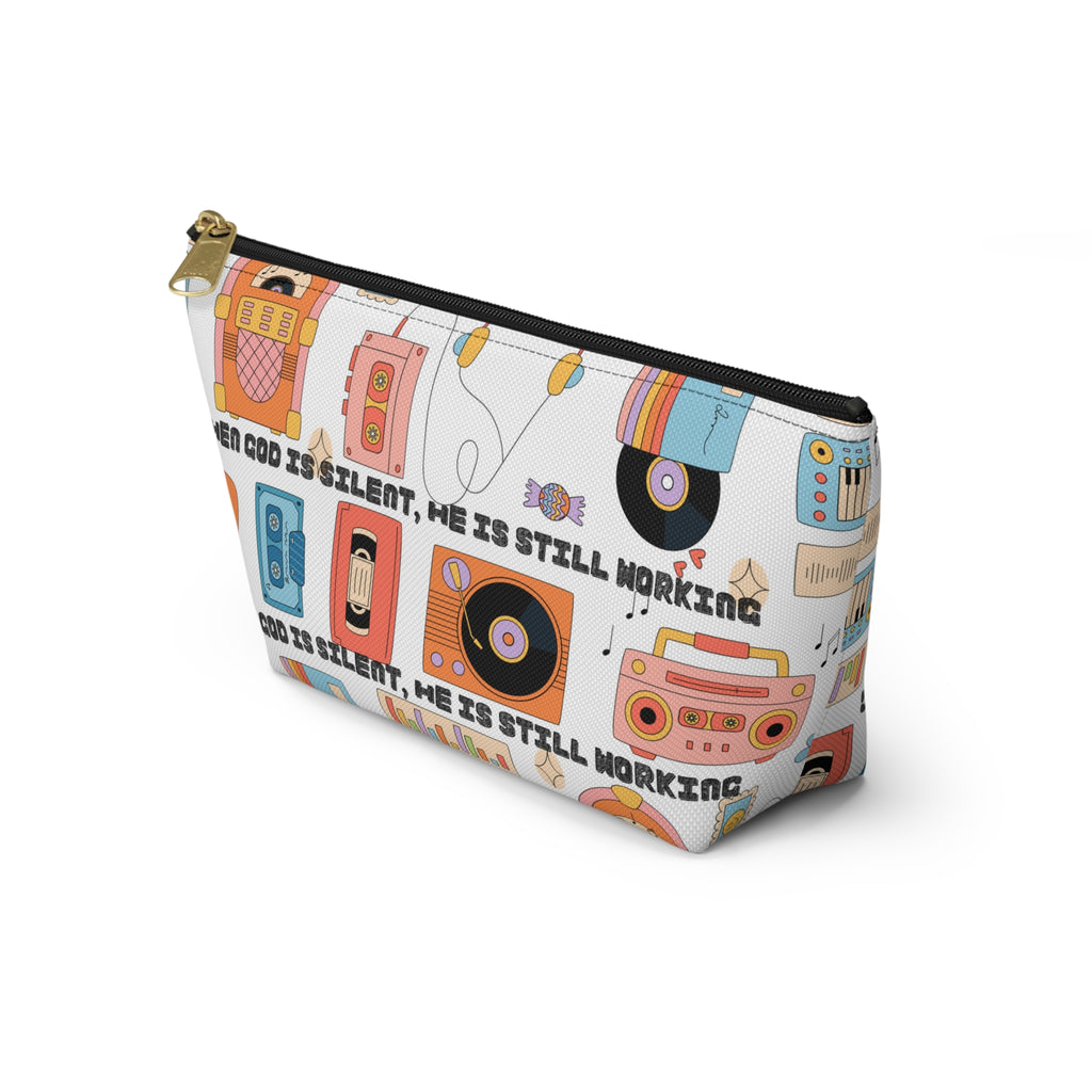 Retro Music Accessory Pouch — "When God Is Silent, He Is Still Working" T-Bottom Bag