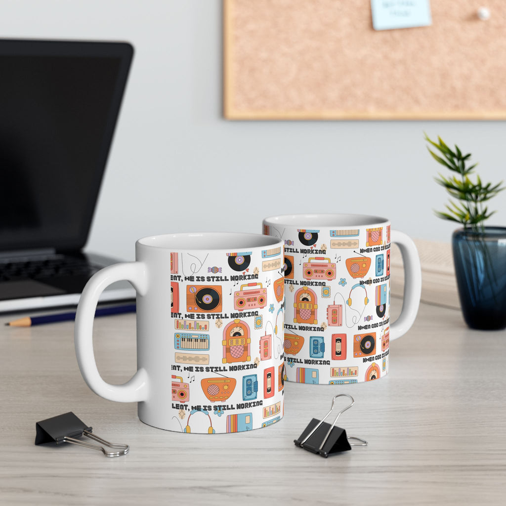 Retro Music Pattern Ceramic Mug — "When God Is Silent, He Is Still Working"