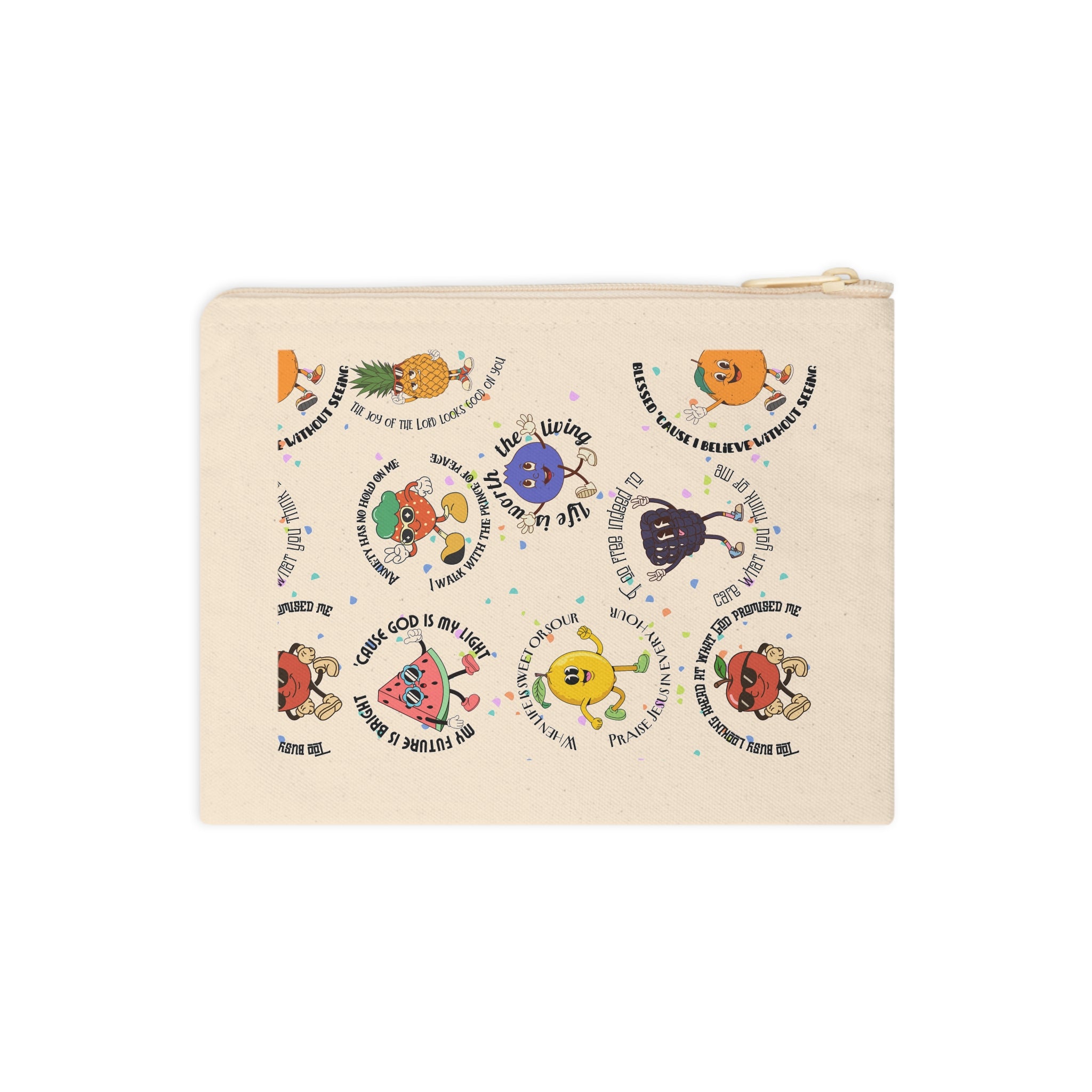 Fruit Friends Zipper Pouch — Cute Illustrated Fruit Characters with Positive Sayings