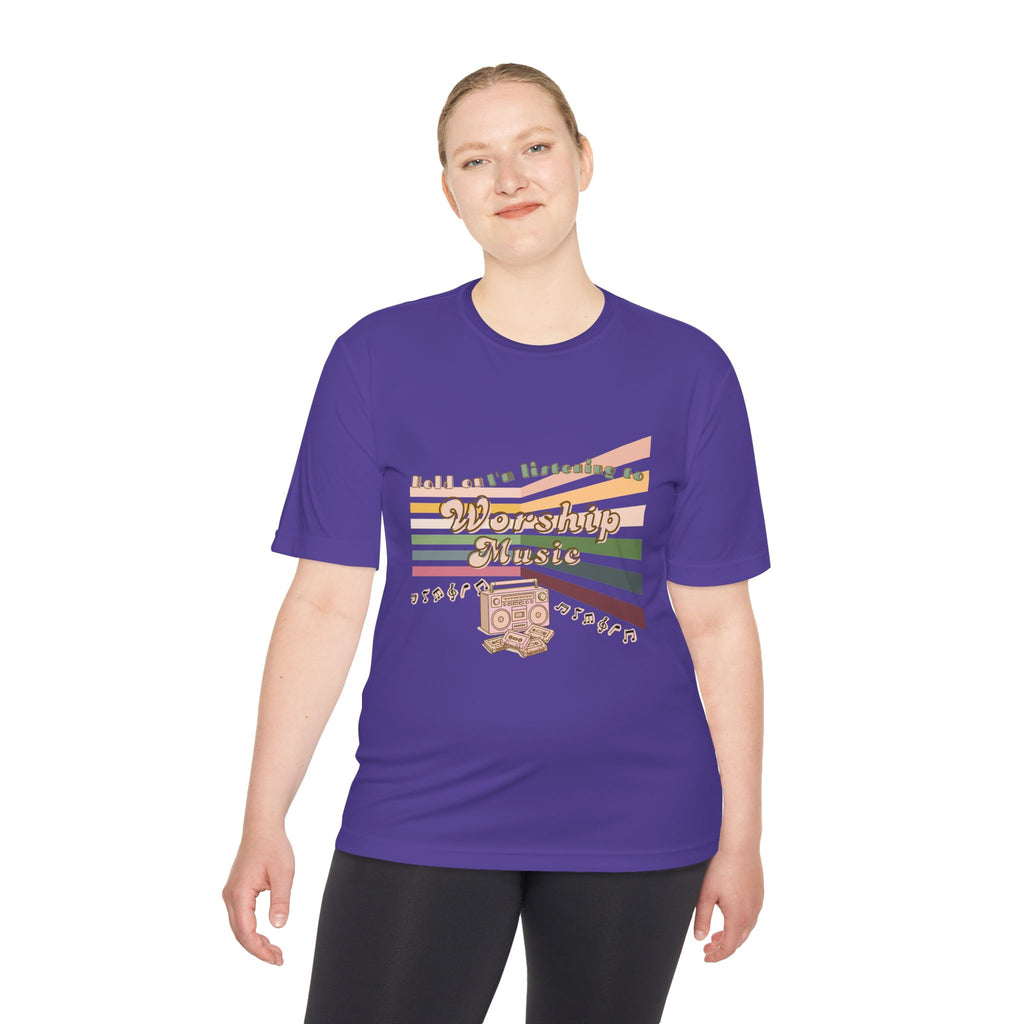 Women's Worship Music Moisture Wicking Tee — Retro Stripes & Speaker Graphic
