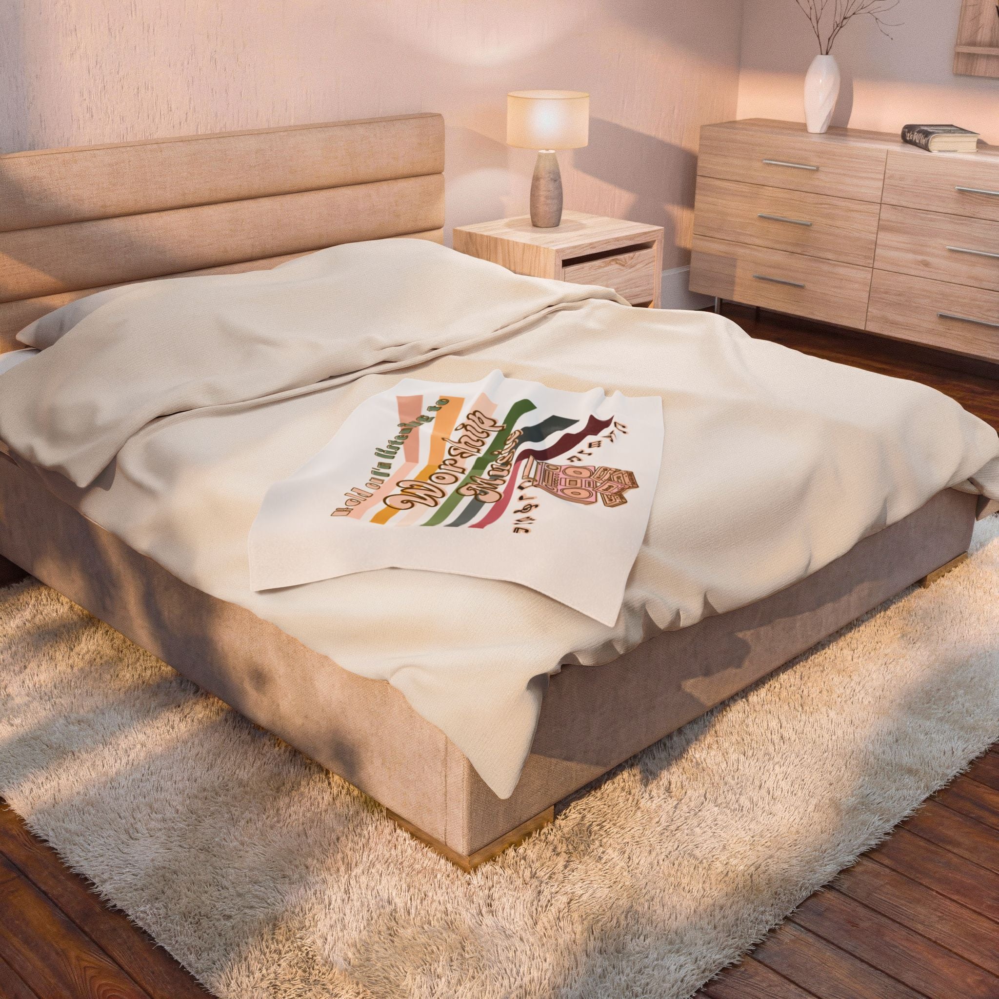 'Hold on, I'm listening to worship Music' Velveteen Plush Blanket – Retro Boombox & Rainbow Stripes