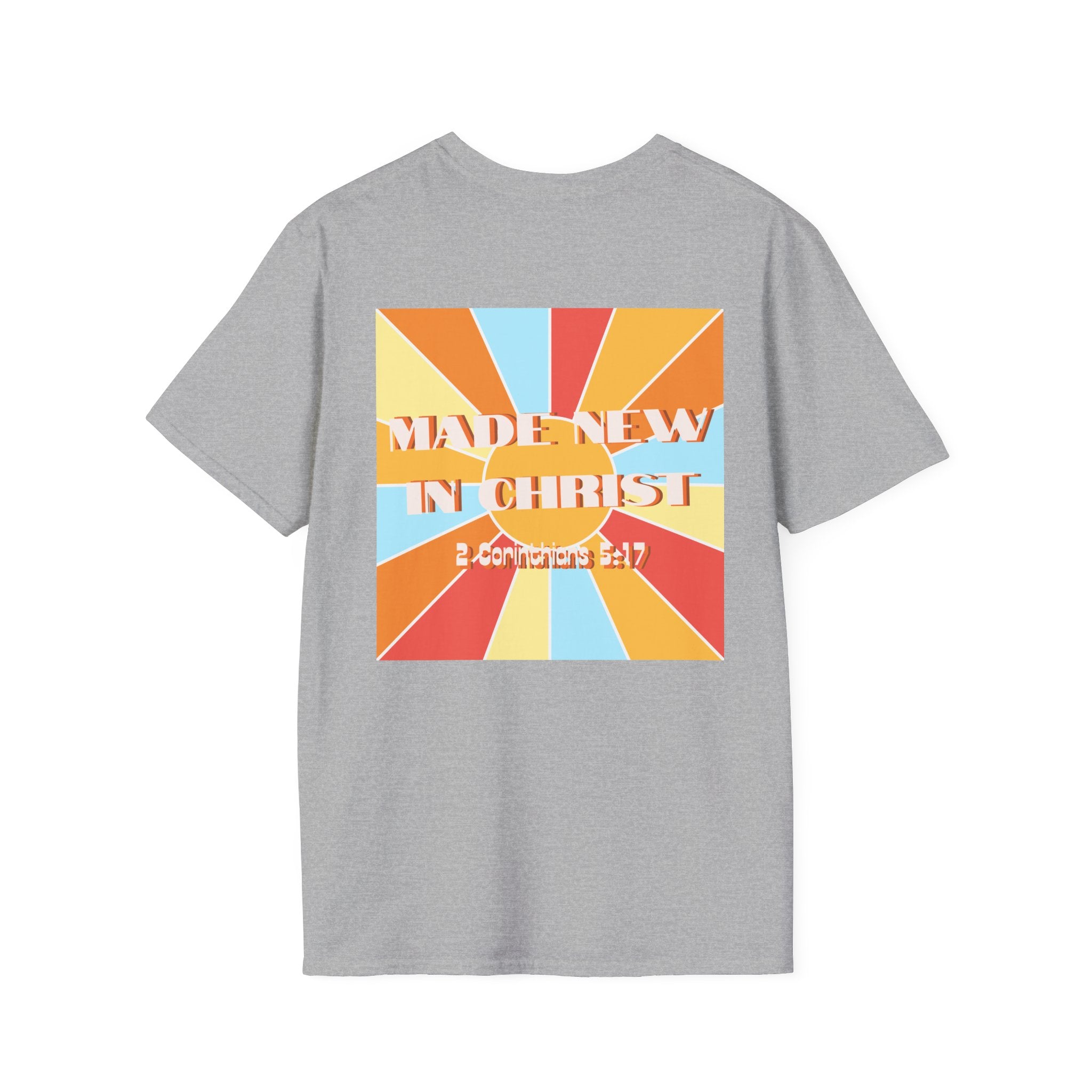 Men's Hello New Me Retro Tee — BACK: 2 Corinthians 5:17