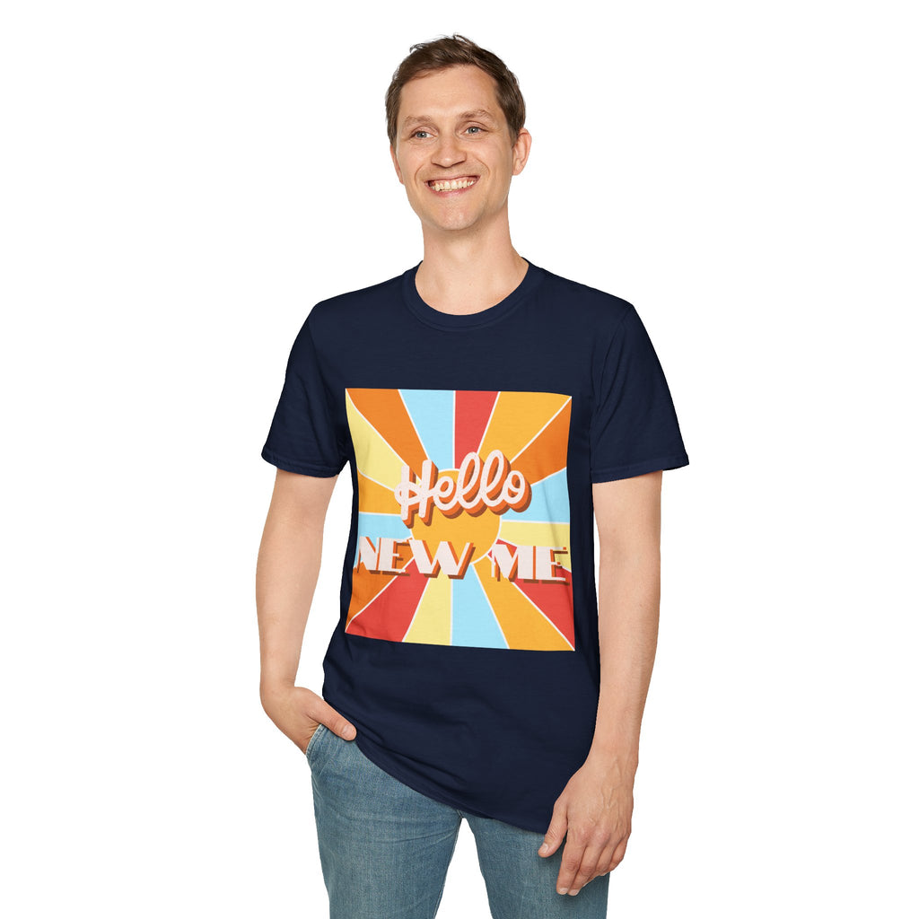 Men's Hello New Me Retro Tee — BACK: 2 Corinthians 5:17