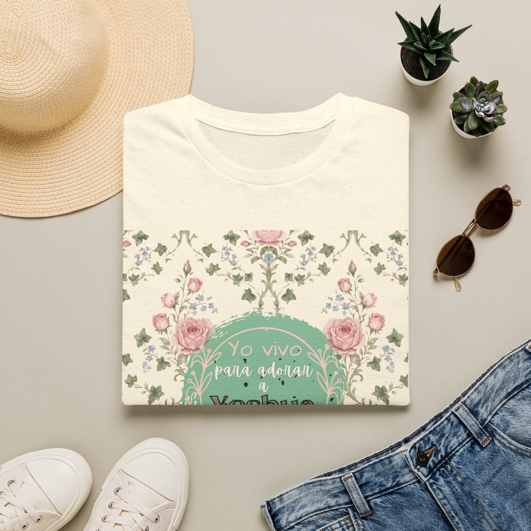 "Yo vivo para adorar a Yeshua" Camisa — Rosas y Color Menta Diseño