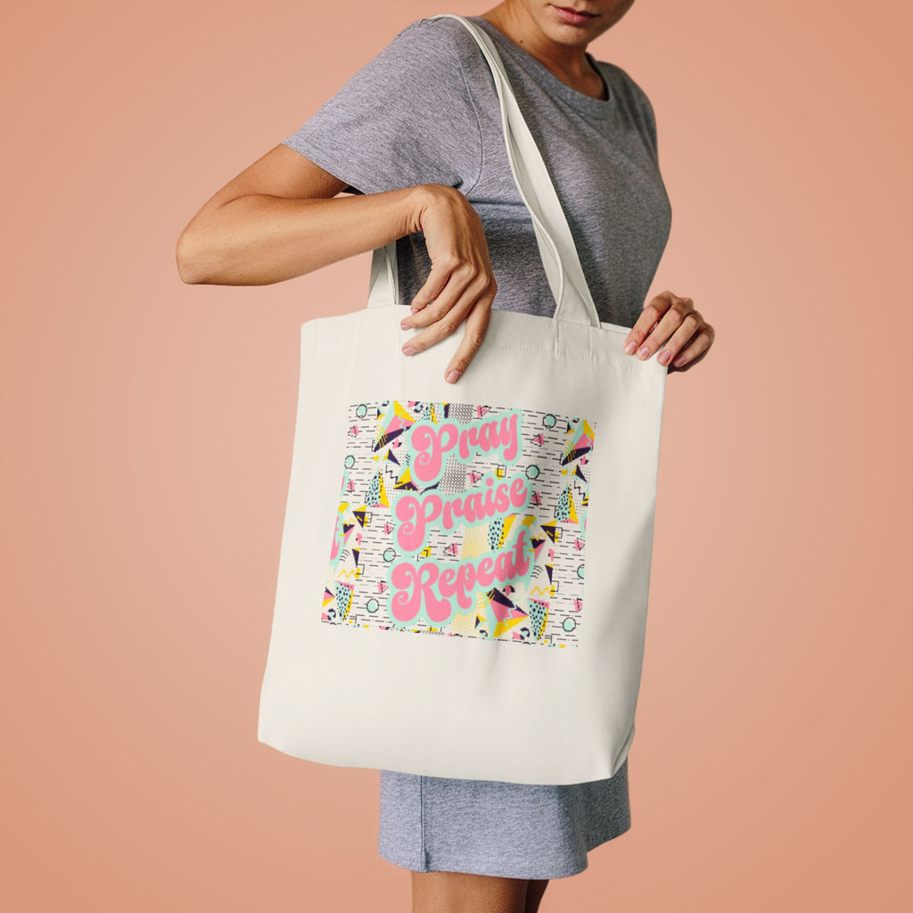 Cotton Tote — "Pray, Praise, Repeat" Colorful Faith Graphic Tote Bag