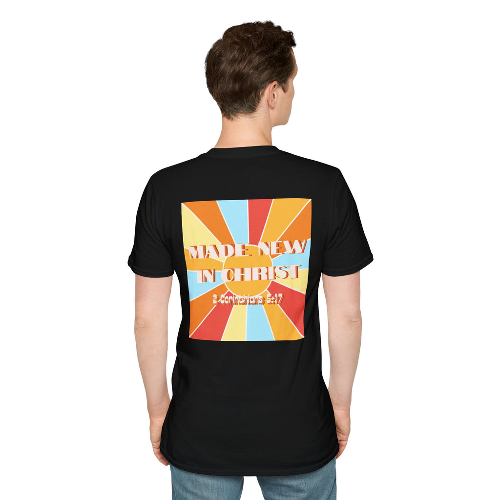 Men's Hello New Me Retro Tee — BACK: 2 Corinthians 5:17