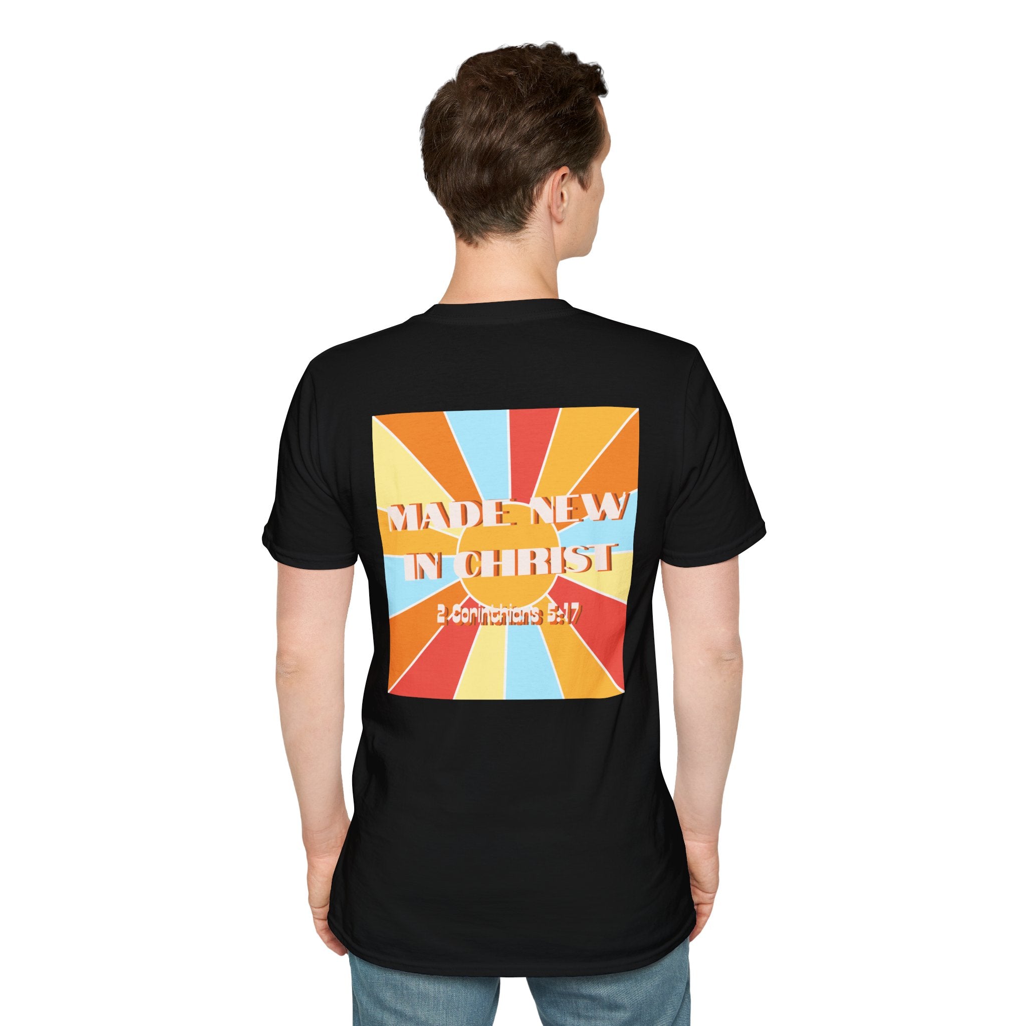 Men's Hello New Me Retro Tee — BACK: 2 Corinthians 5:17