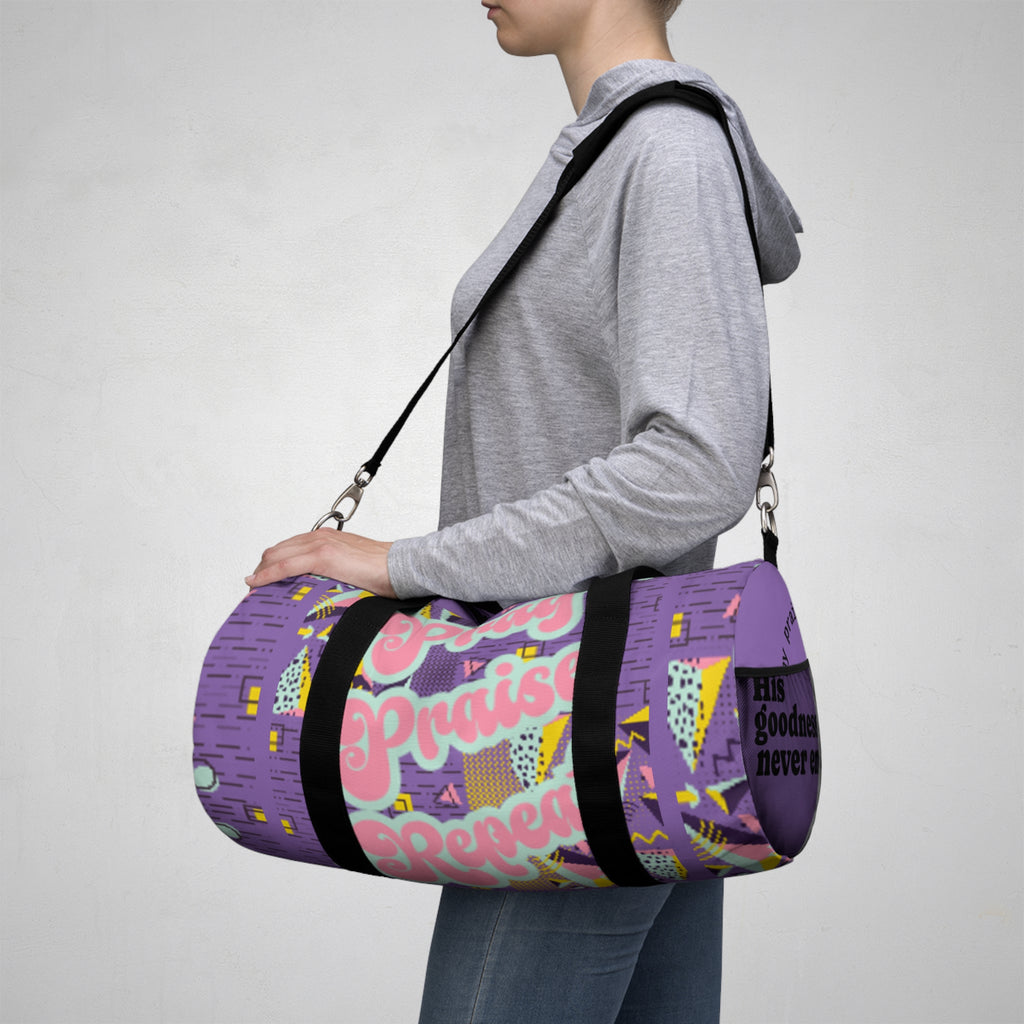 Duffel Bag — Retro Purple "Pray, Praise, Repeat" Gym Travel Bag