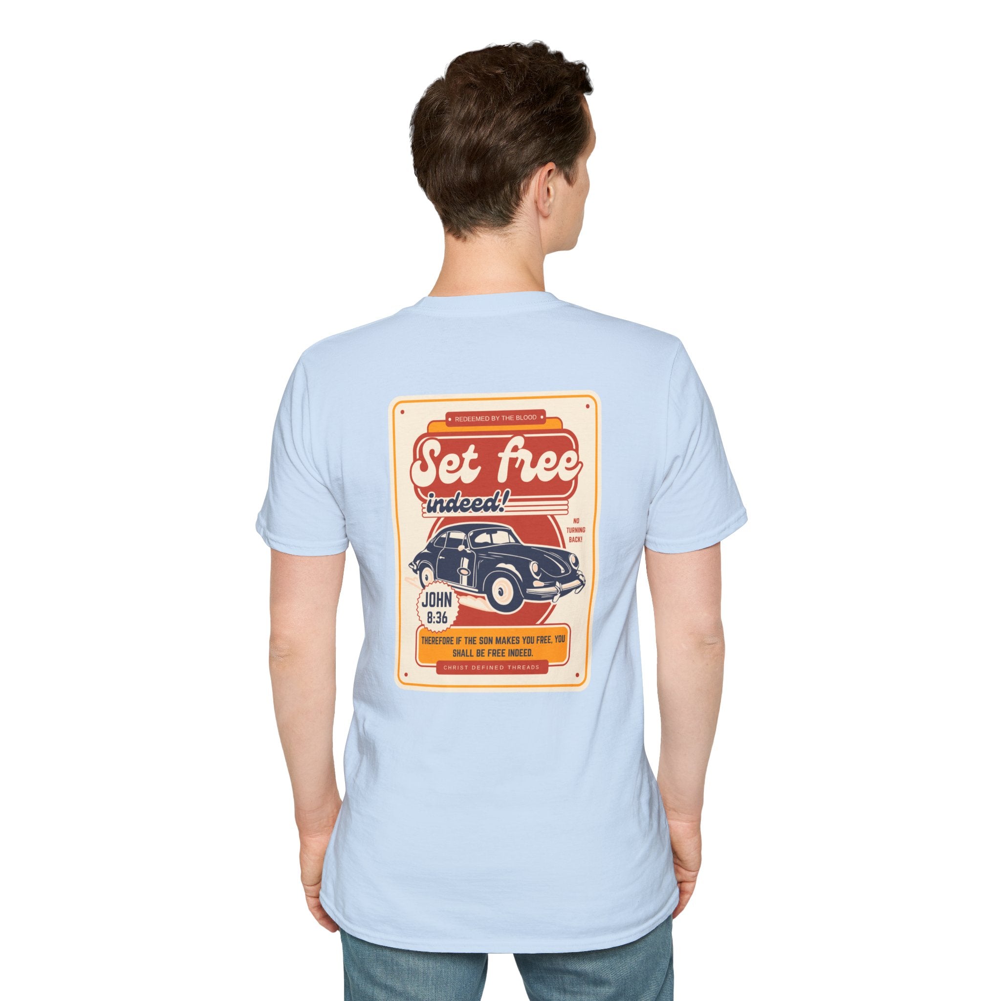 Men's 'Set free Indeed' T‑Shirt — Retro Vintage Car Christian Faith Graphic Tee