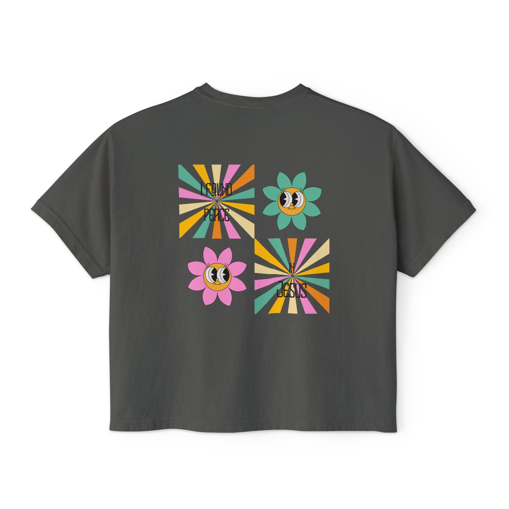 Retro "I found peace in Jesus" Boxy Tee — Woman's  Retro SqaureFlower Design