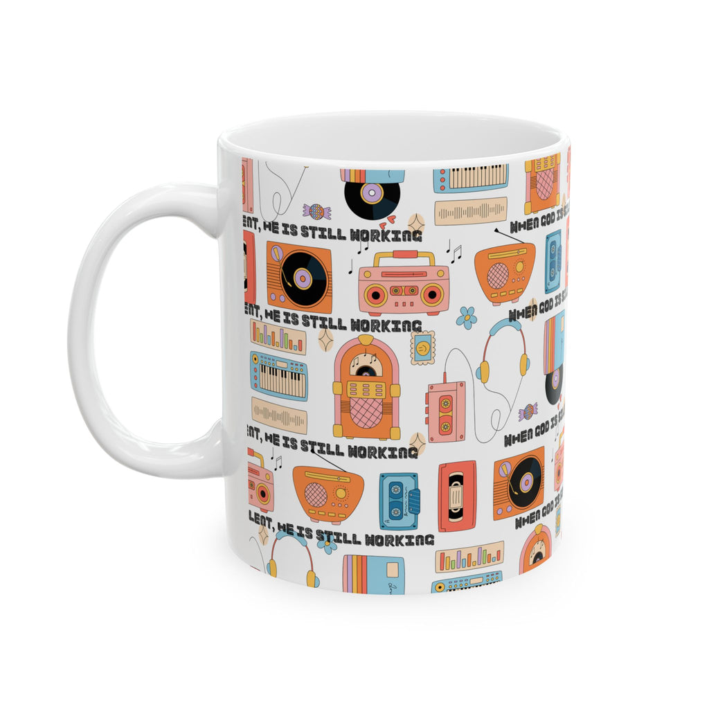 Retro Music Pattern Ceramic Mug — "When God Is Silent, He Is Still Working"