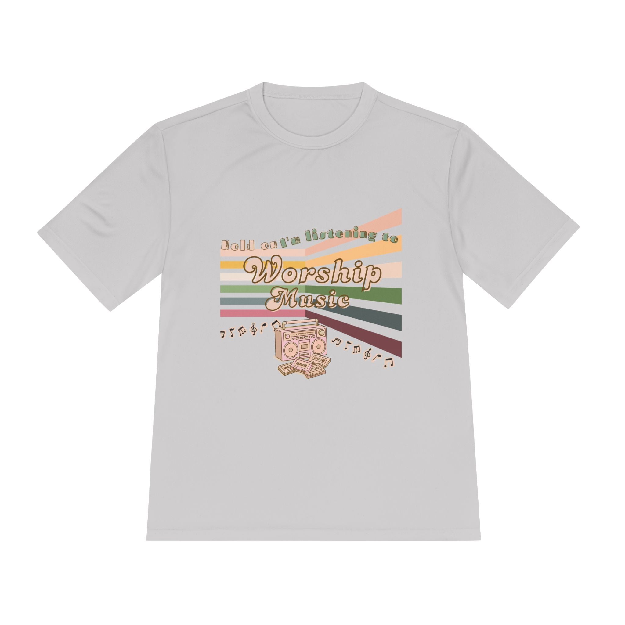 Women's Worship Music Moisture Wicking Tee — Retro Stripes & Speaker Graphic