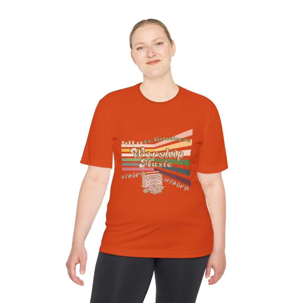 Women's Worship Music Moisture Wicking Tee — Retro Stripes & Speaker Graphic