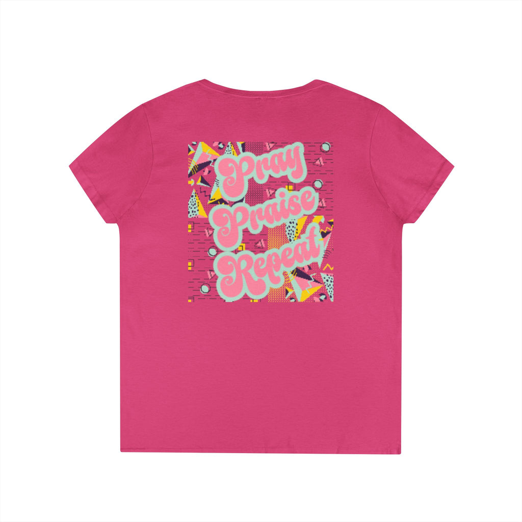 Ladies' V-Neck T-Shirt — "Pray Praise Repeat" Retro Shape Graphic