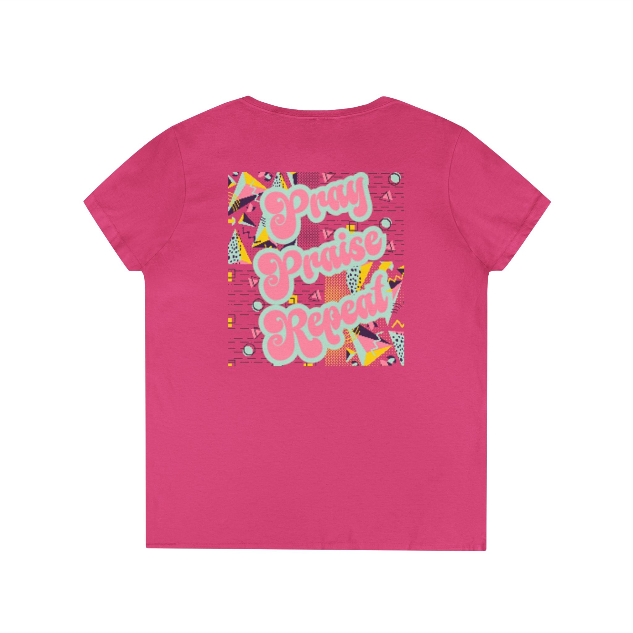 Ladies' V-Neck T-Shirt — "Pray Praise Repeat" Retro Shape Graphic