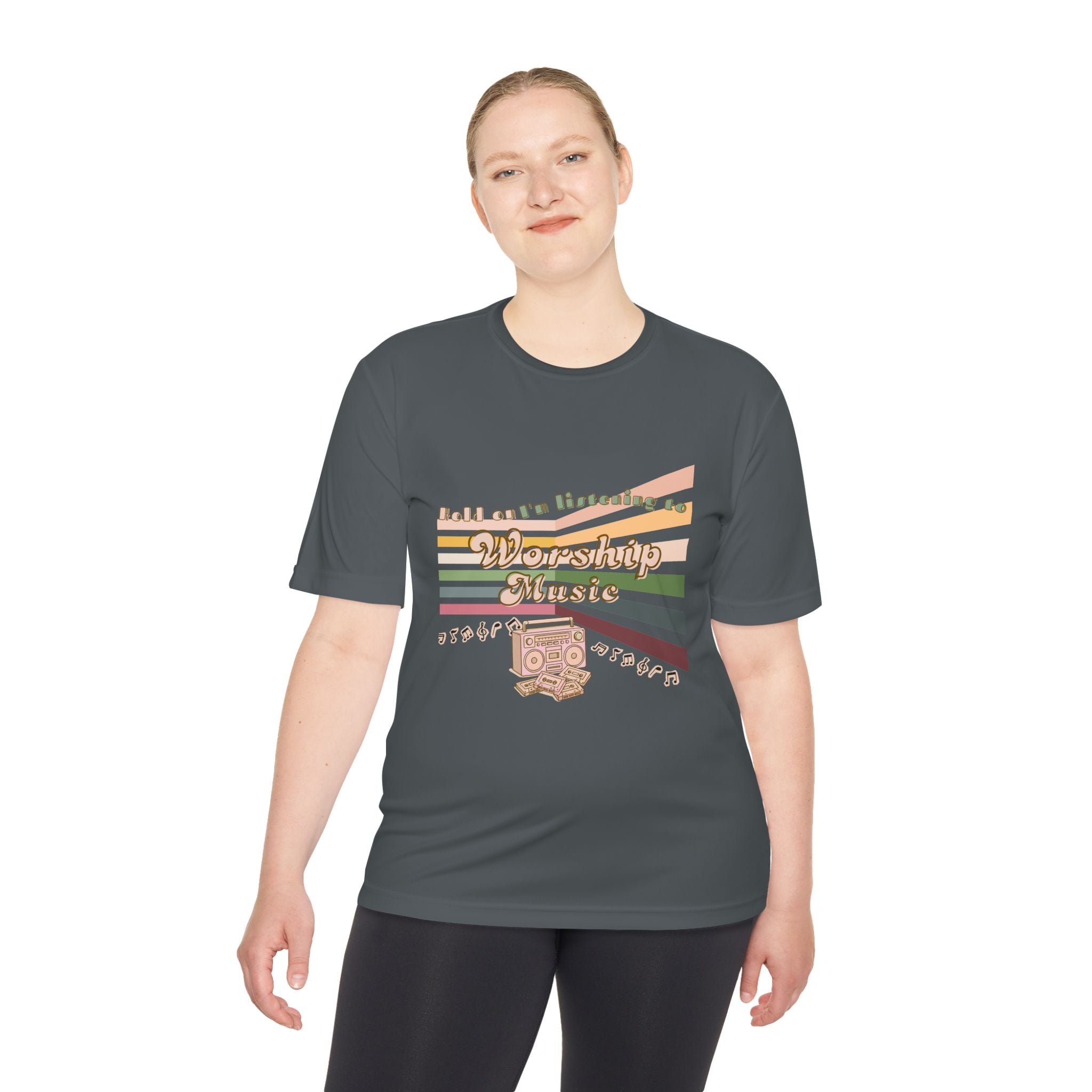 Women's Worship Music Moisture Wicking Tee — Retro Stripes & Speaker Graphic