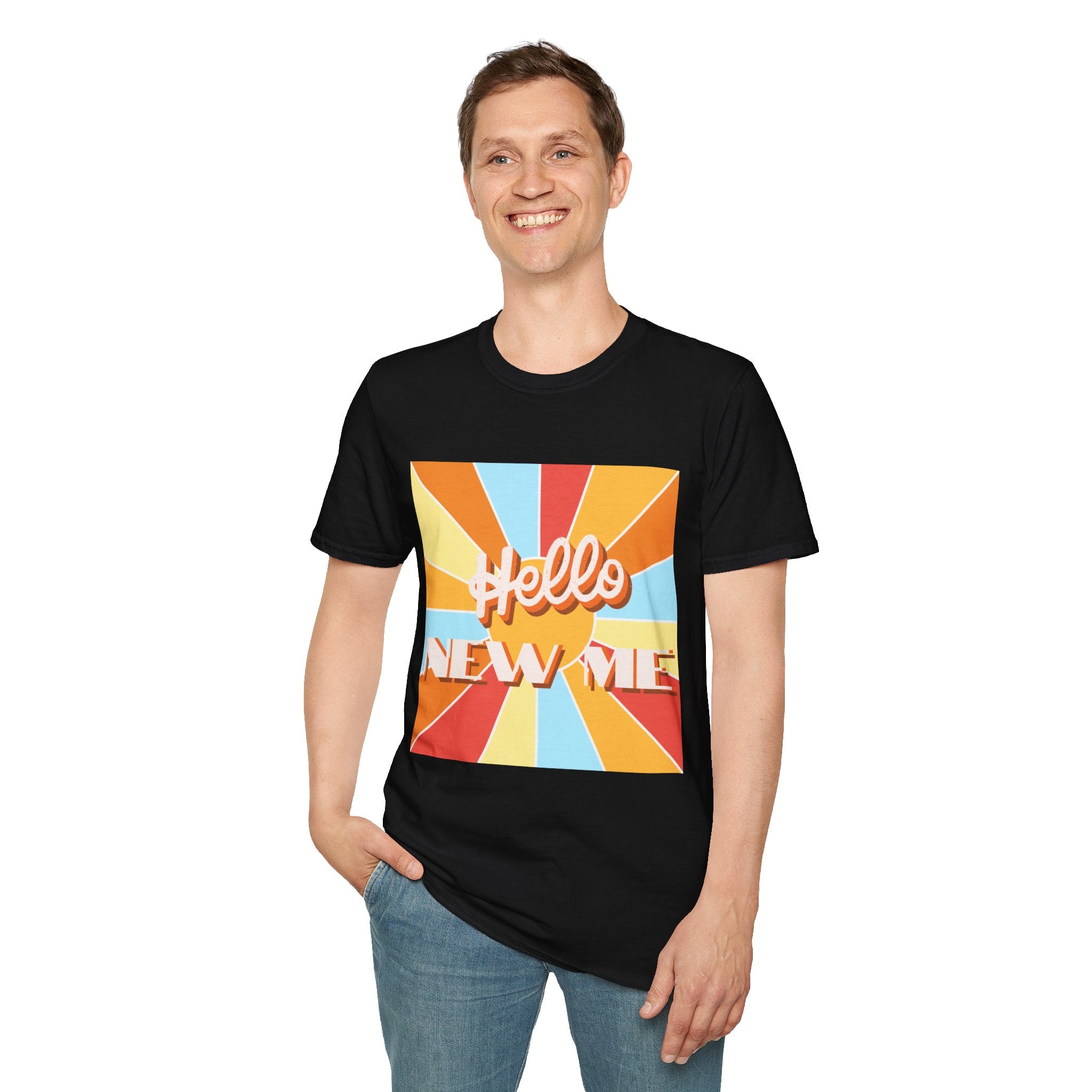 Men's Hello New Me Retro Tee — BACK: 2 Corinthians 5:17