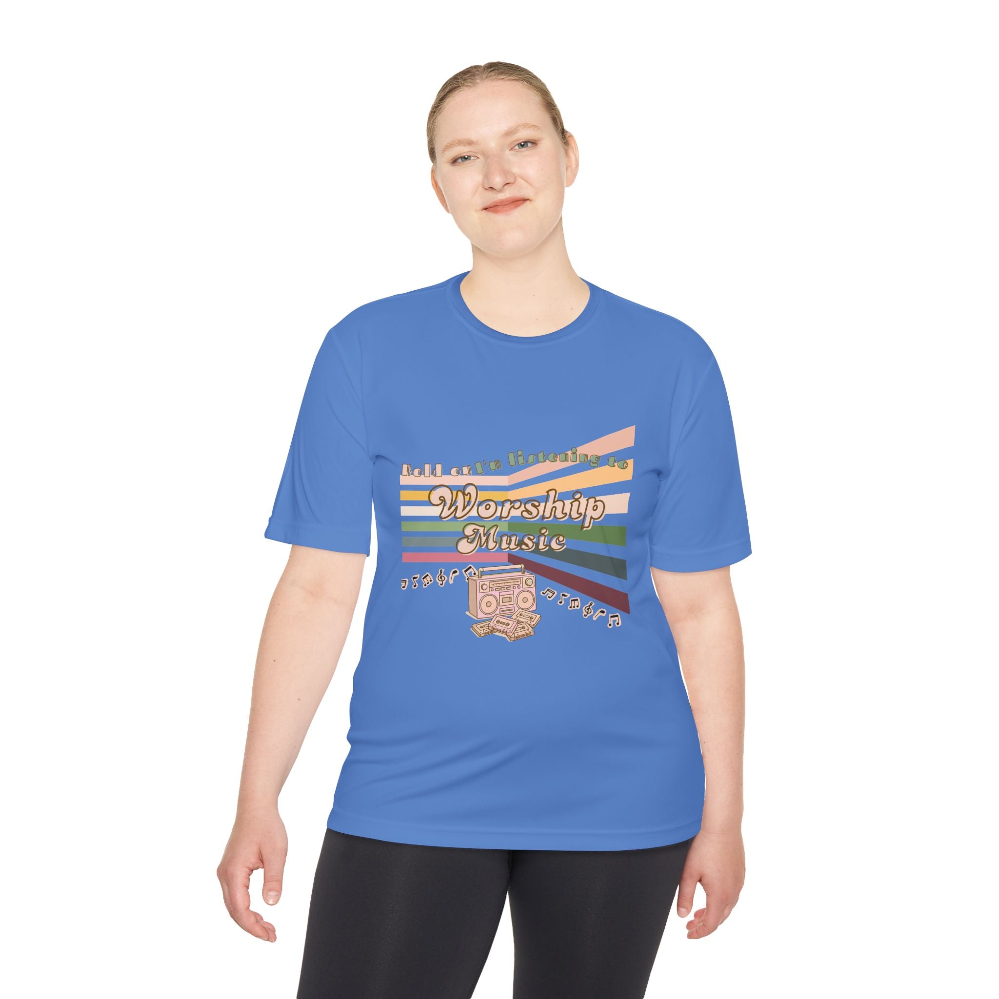 Women's Worship Music Moisture Wicking Tee — Retro Stripes & Speaker Graphic