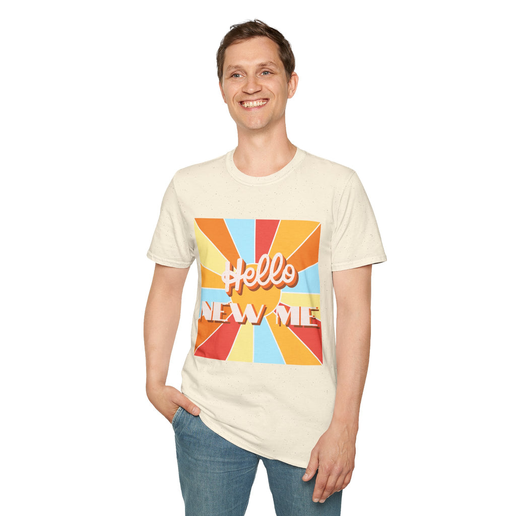 Men's Hello New Me Retro Tee — BACK: 2 Corinthians 5:17