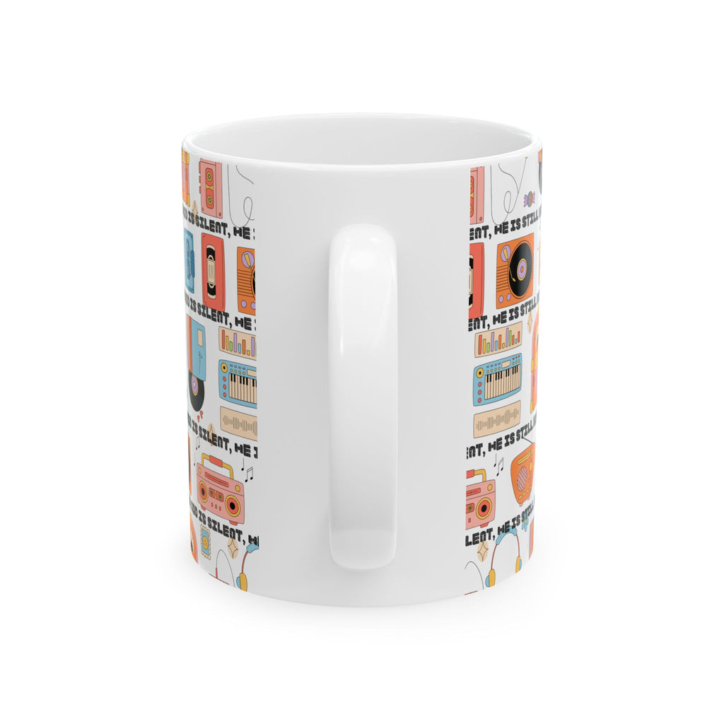 Retro Music Pattern Ceramic Mug — "When God Is Silent, He Is Still Working"