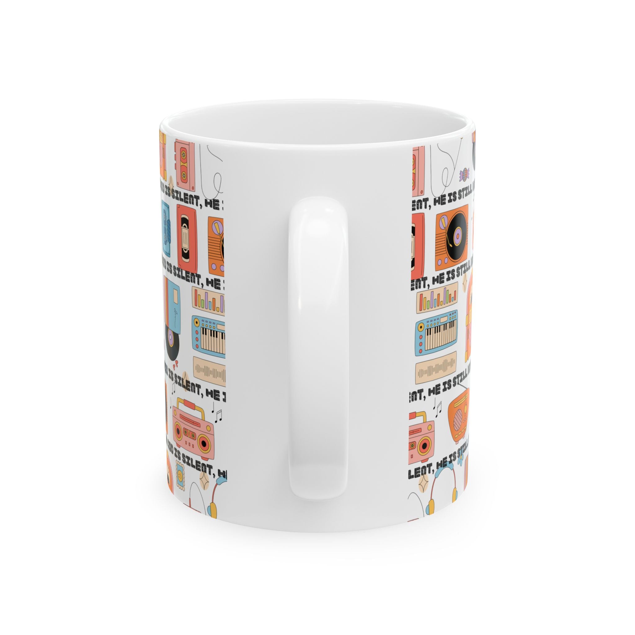 Retro Music Pattern Ceramic Mug — "When God Is Silent, He Is Still Working"